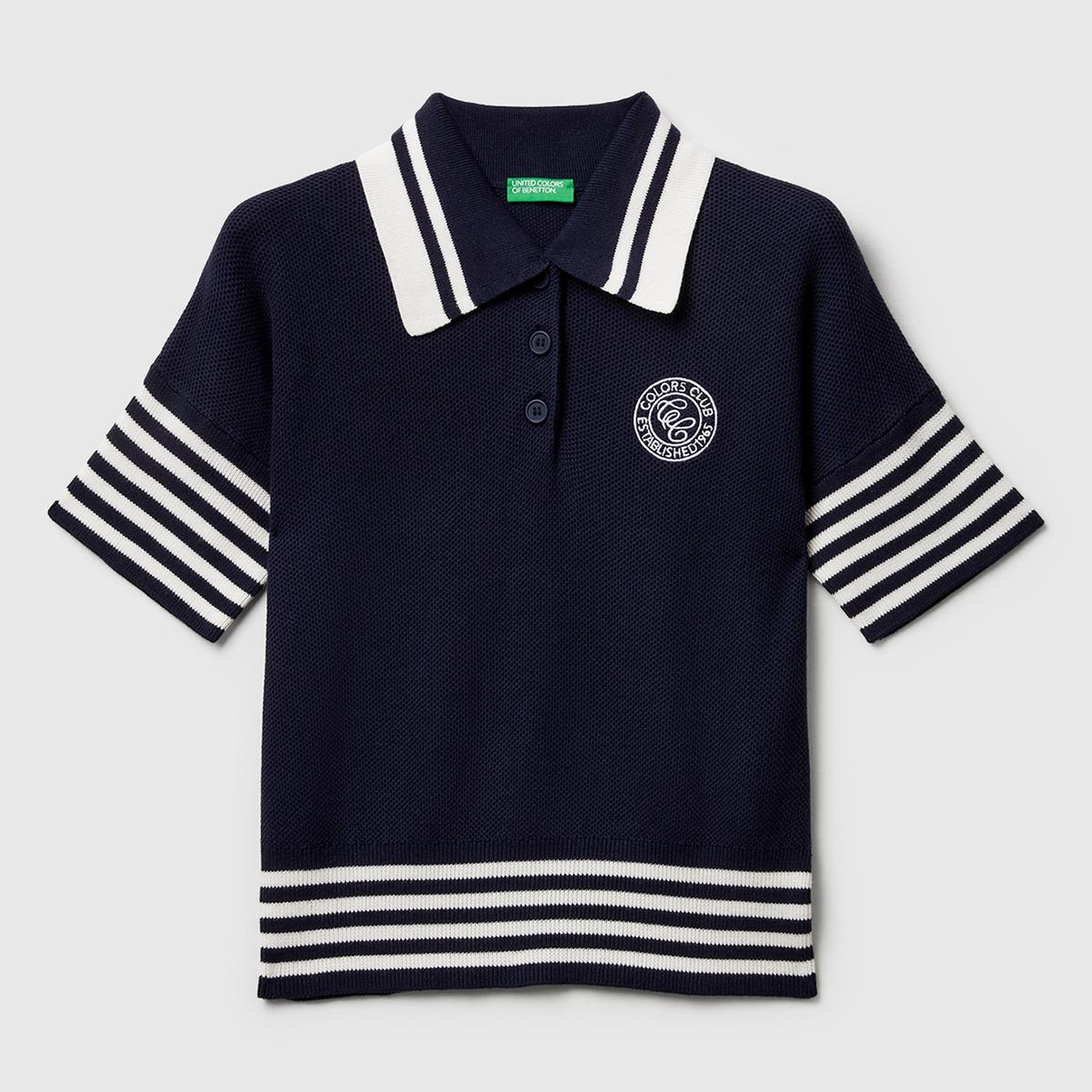 Kadın Lacivert %100 Pamuk Polo Yaka Kısa Kollu Kazak