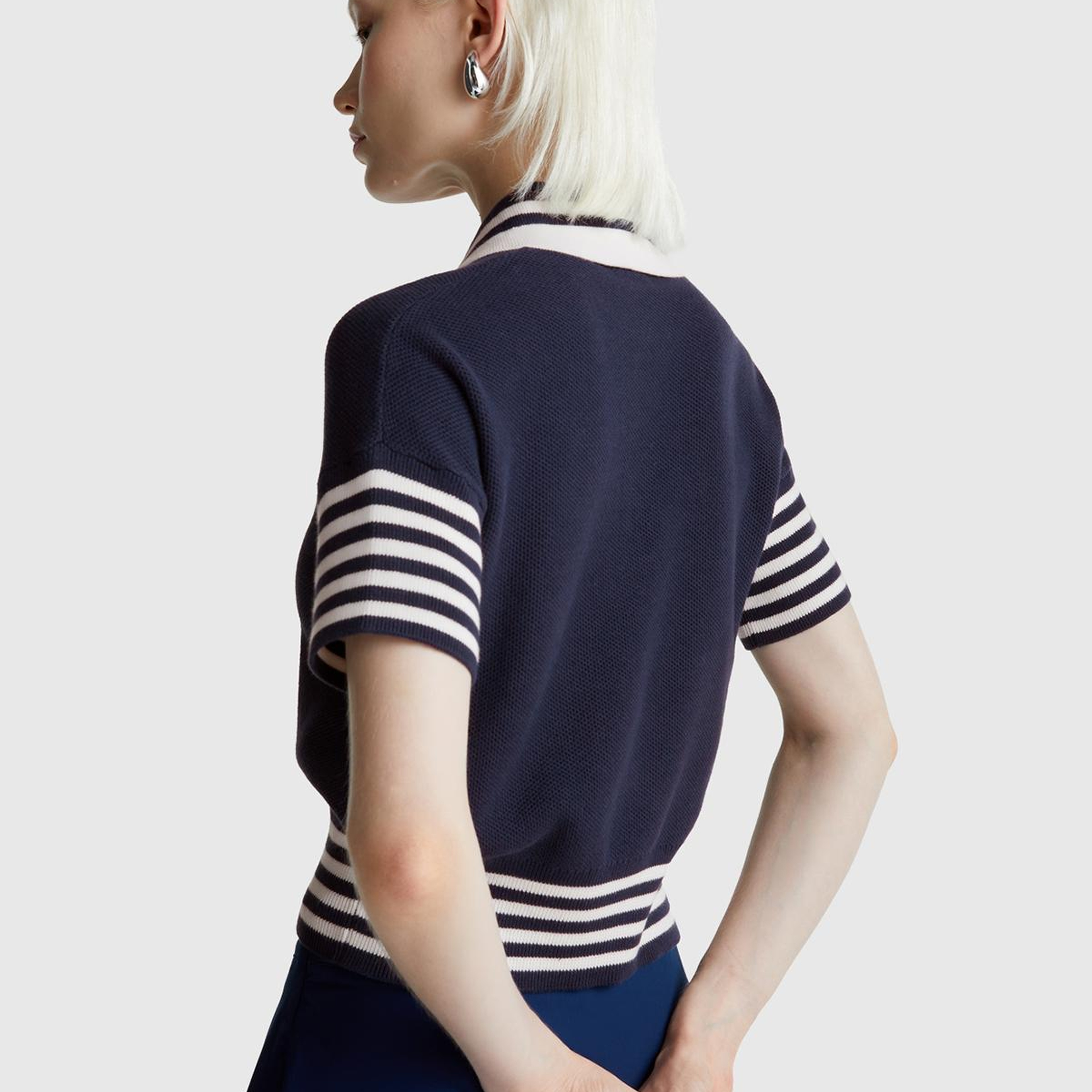 Kadın Lacivert %100 Pamuk Polo Yaka Kısa Kollu Kazak