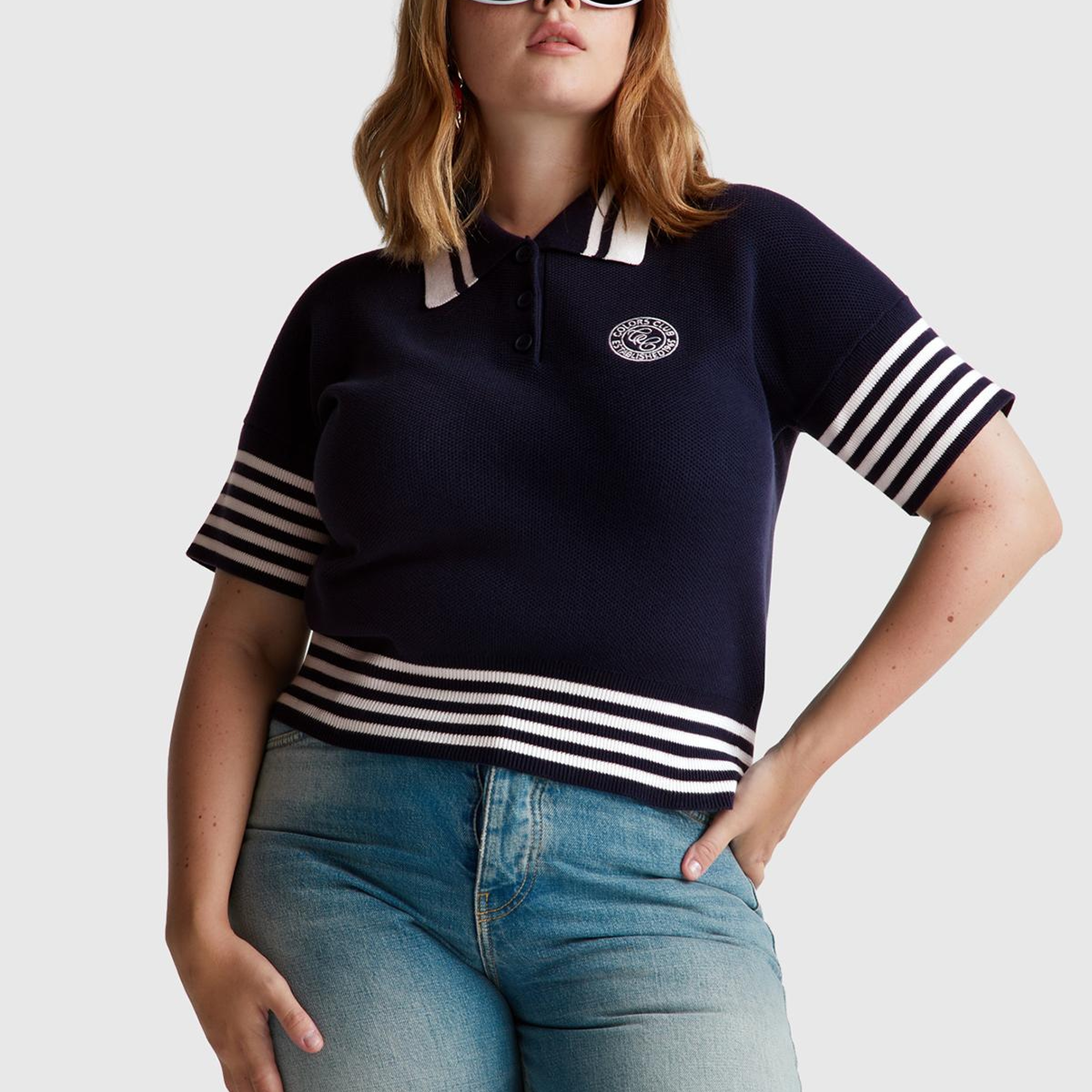 Kadın Lacivert %100 Pamuk Polo Yaka Kısa Kollu Kazak