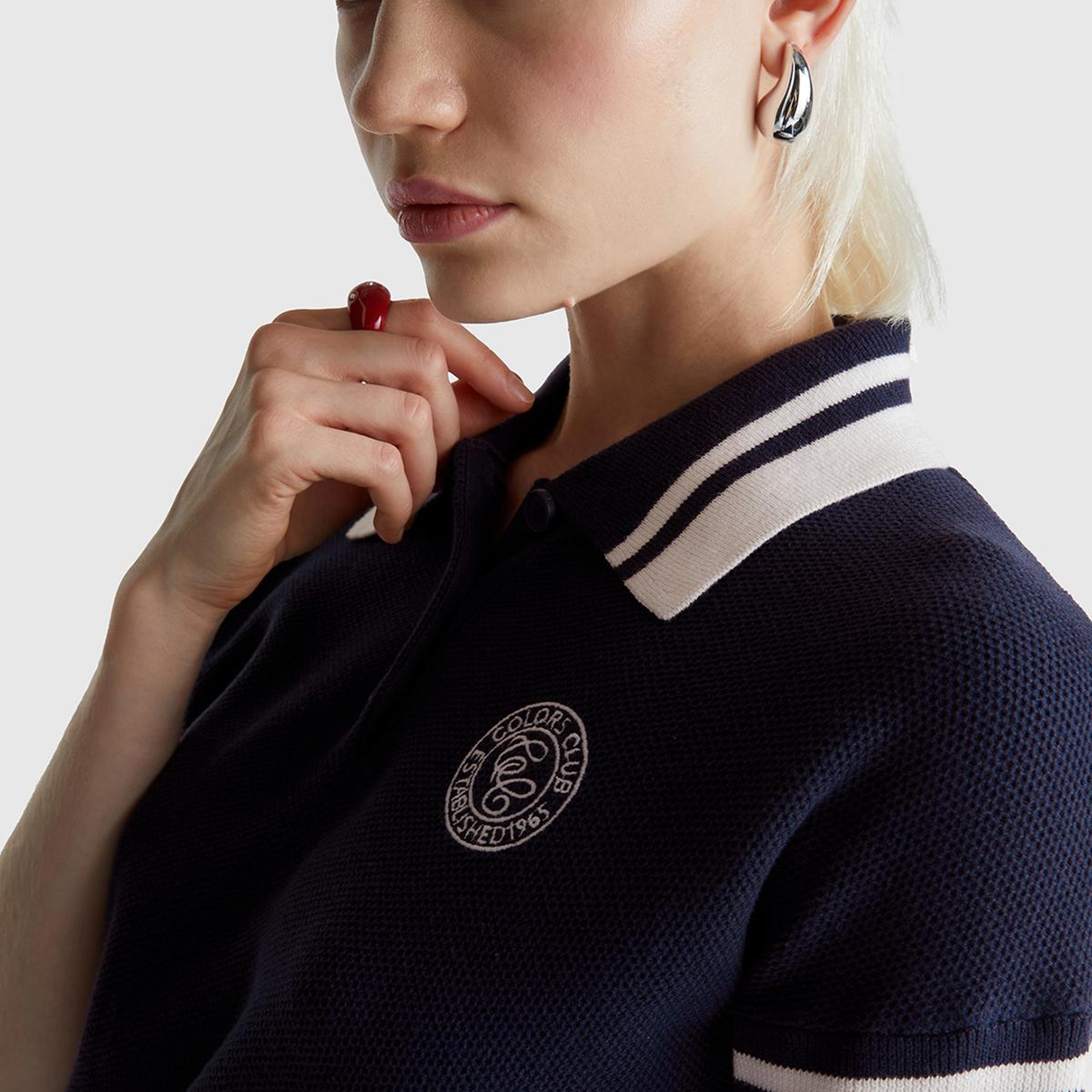 Kadın Lacivert %100 Pamuk Polo Yaka Kısa Kollu Kazak