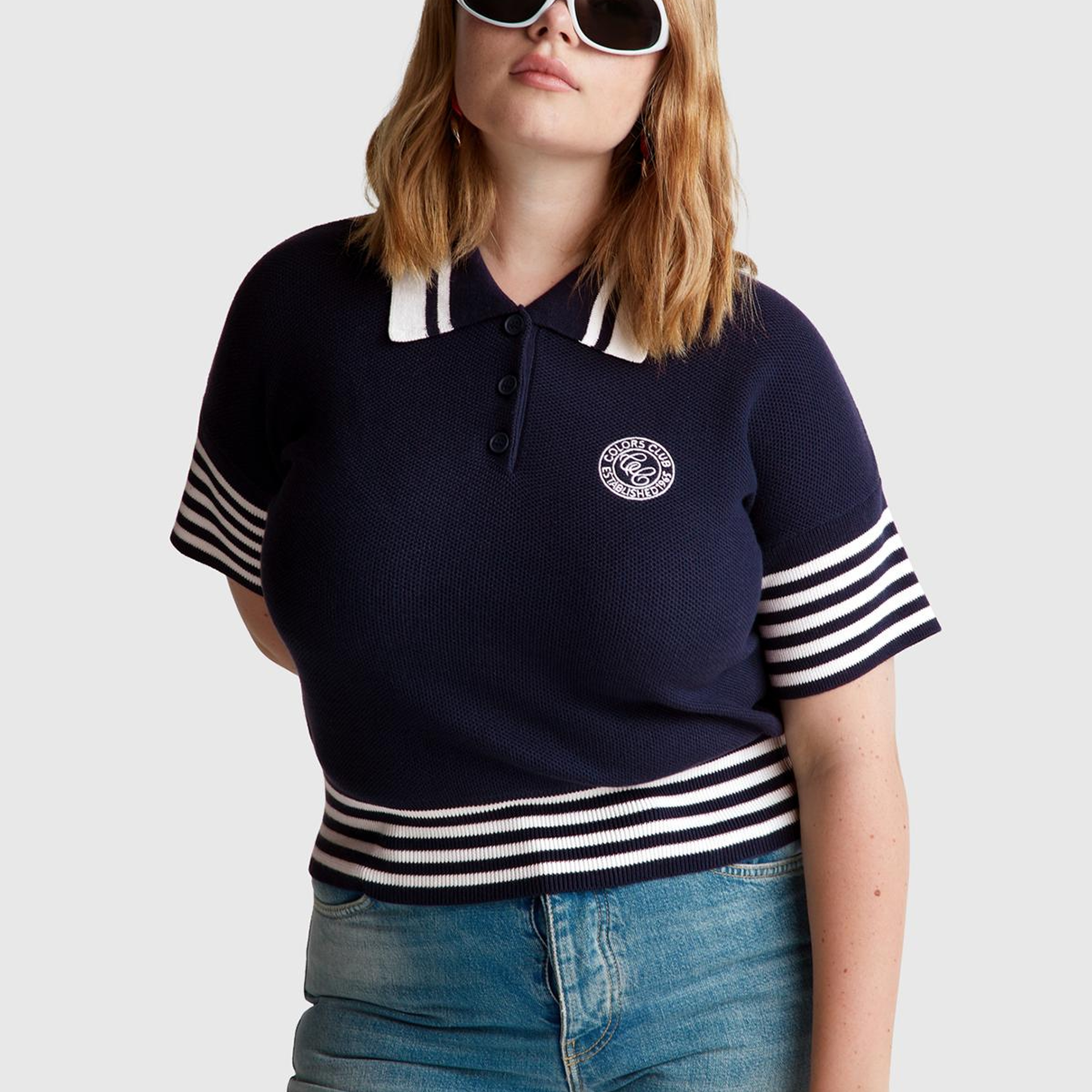 Kadın Lacivert %100 Pamuk Polo Yaka Kısa Kollu Kazak