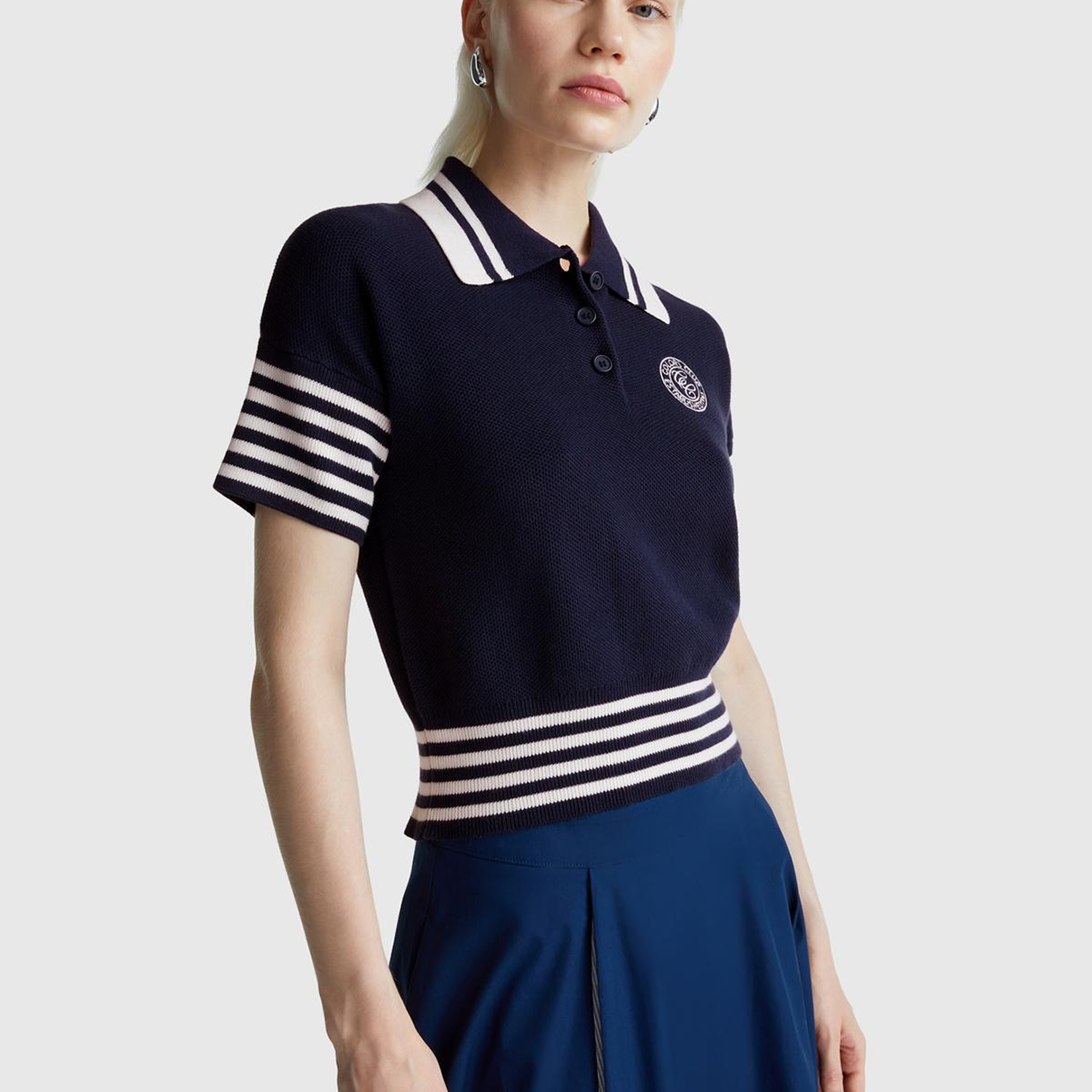 Kadın Lacivert %100 Pamuk Polo Yaka Kısa Kollu Kazak