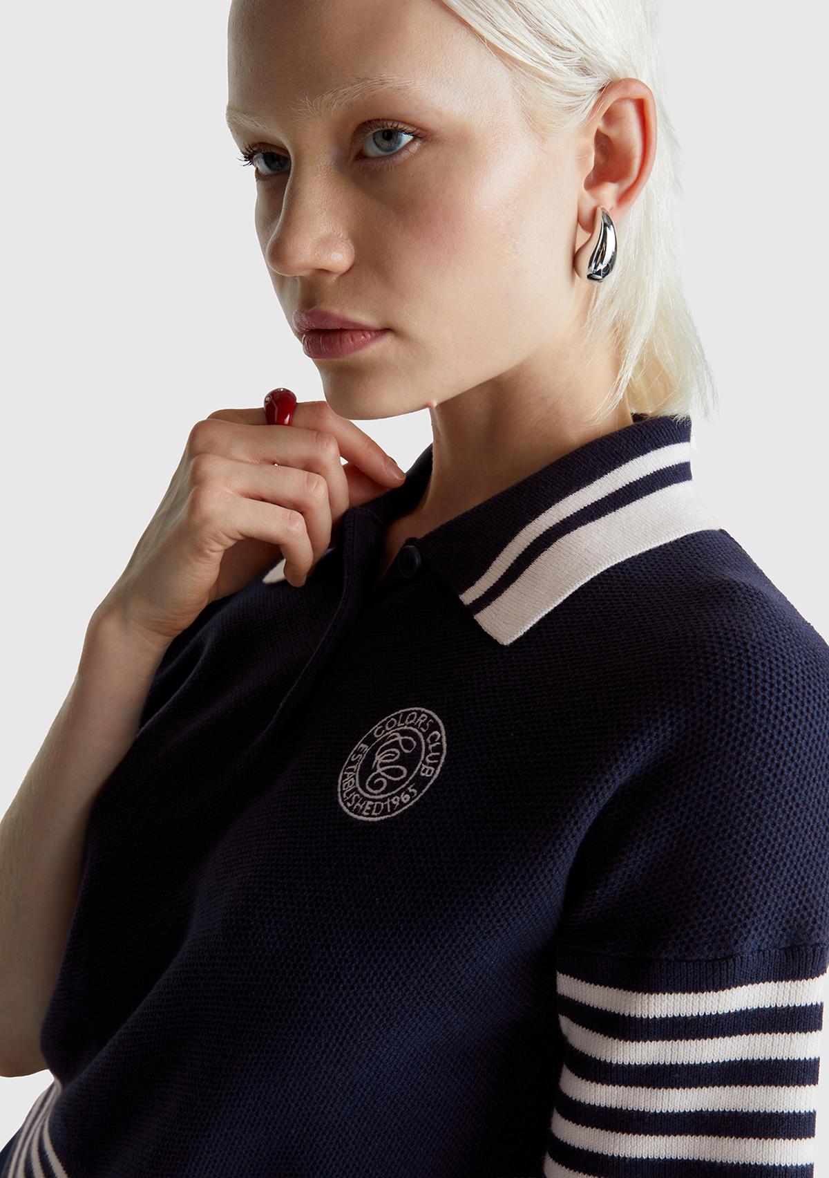 Kadın Lacivert %100 Pamuk Polo Yaka Kısa Kollu Kazak