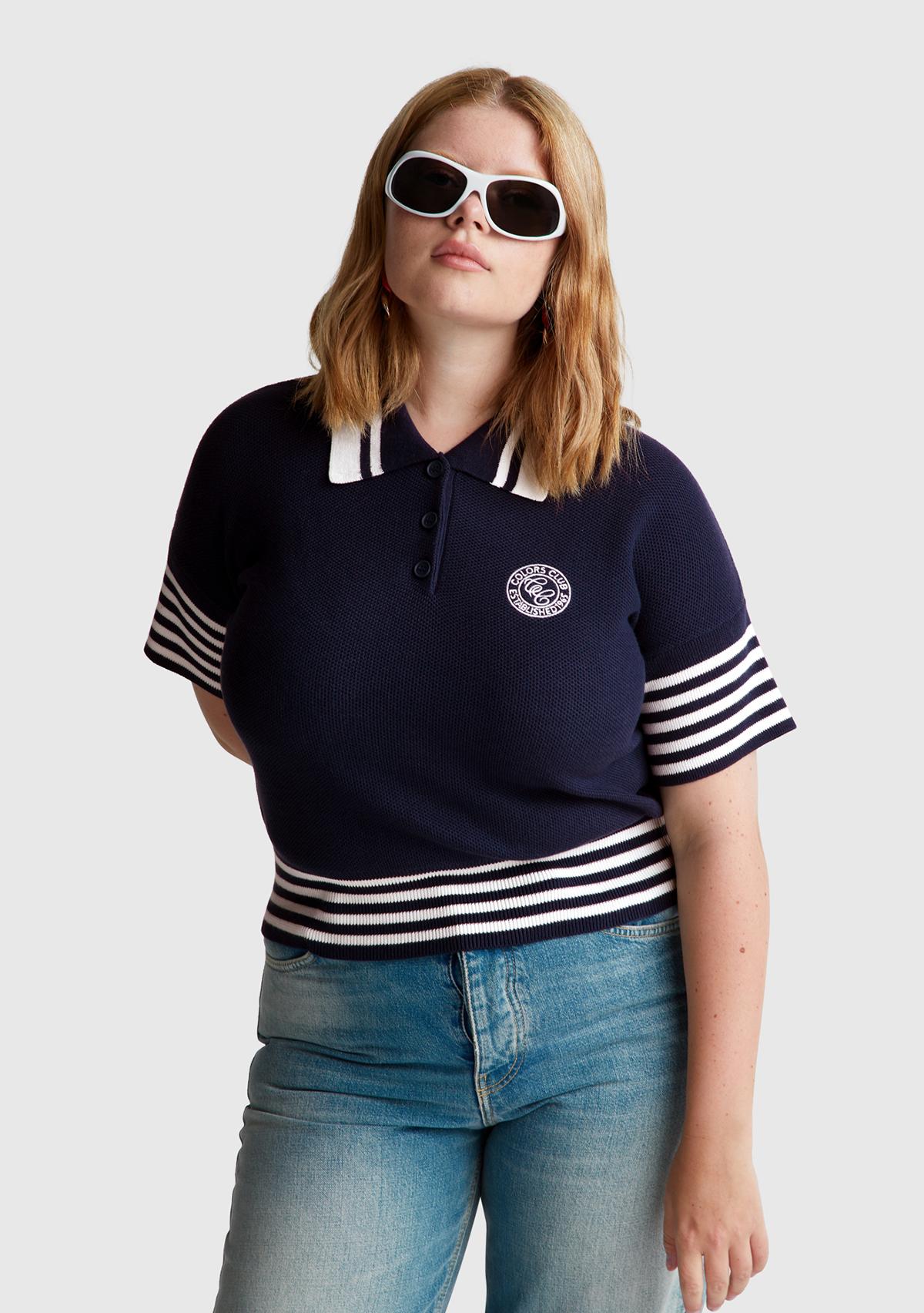 Kadın Lacivert %100 Pamuk Polo Yaka Kısa Kollu Kazak