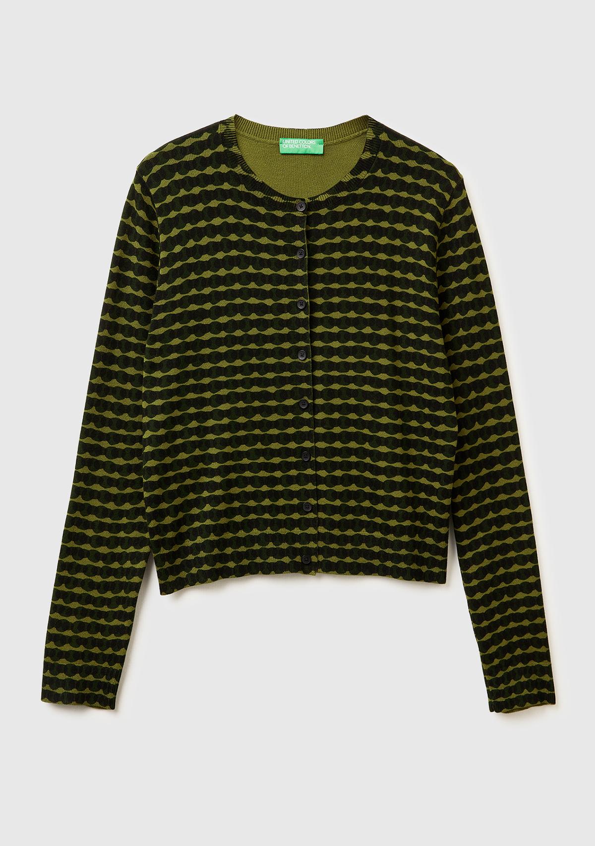 Kadın Haki Yeşili Viskoz Karışımlı Tamamı Desenli Düğmeli Hırka