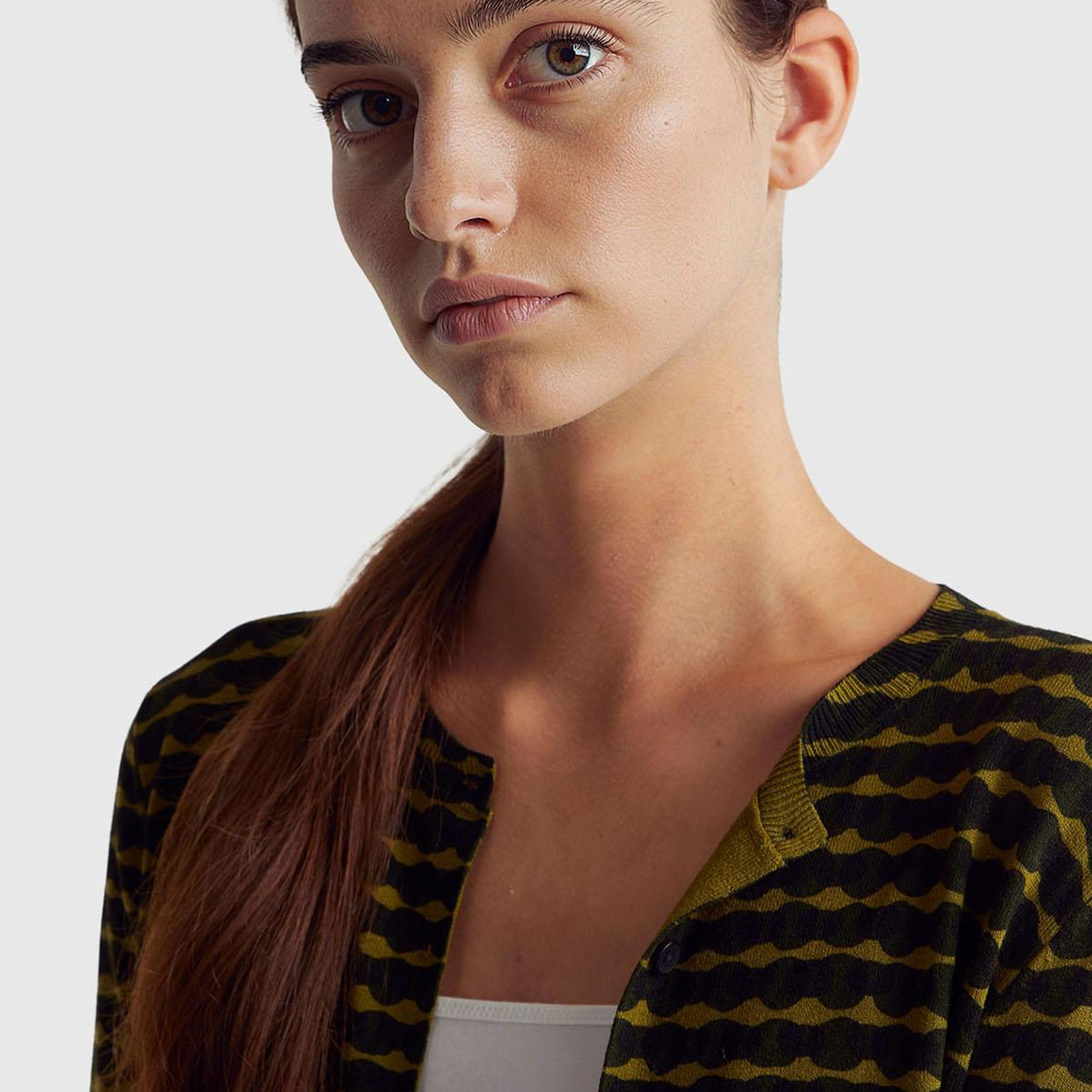 Kadın Haki Yeşili Viskoz Karışımlı Tamamı Desenli Düğmeli Hırka