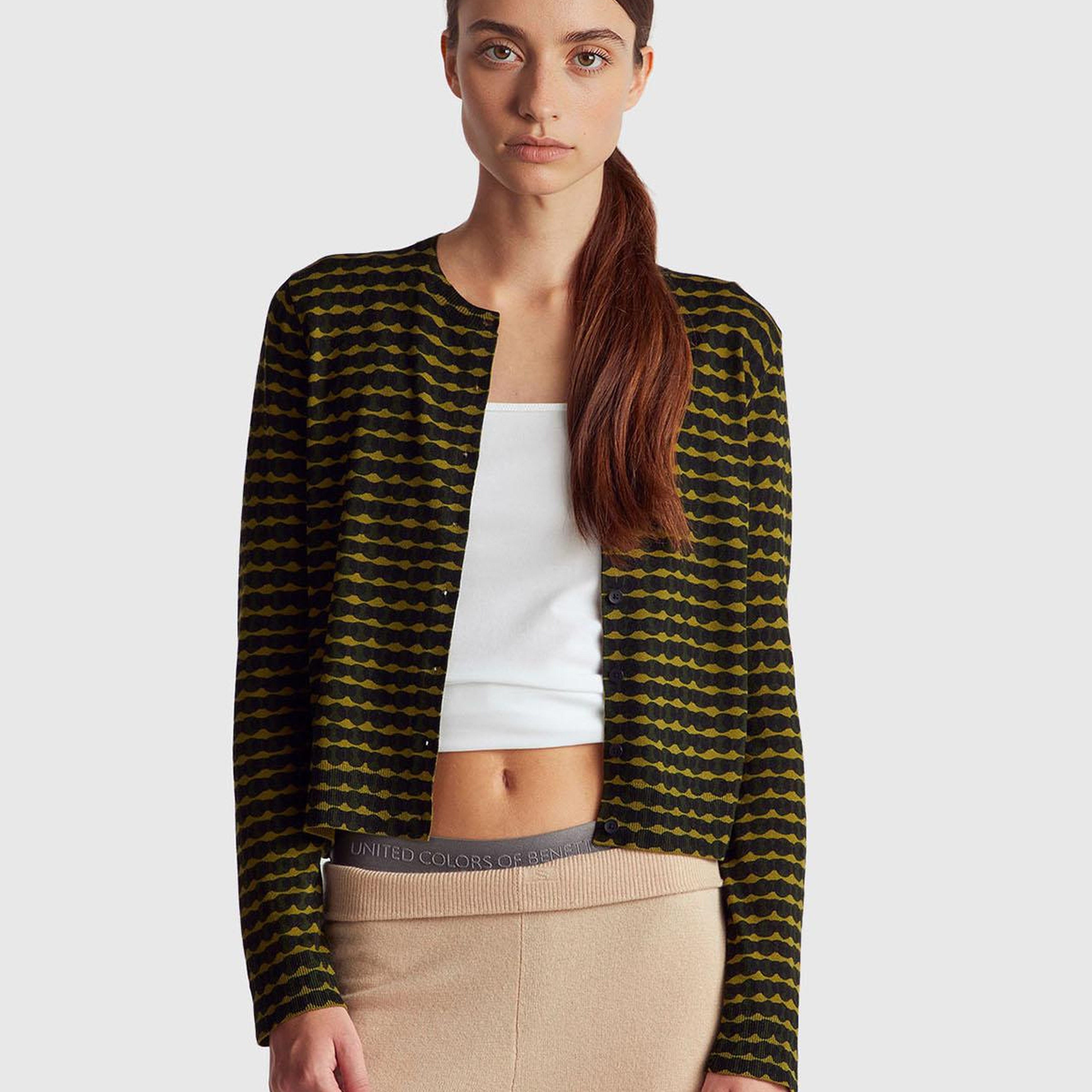 Kadın Haki Yeşili Viskoz Karışımlı Tamamı Desenli Düğmeli Hırka