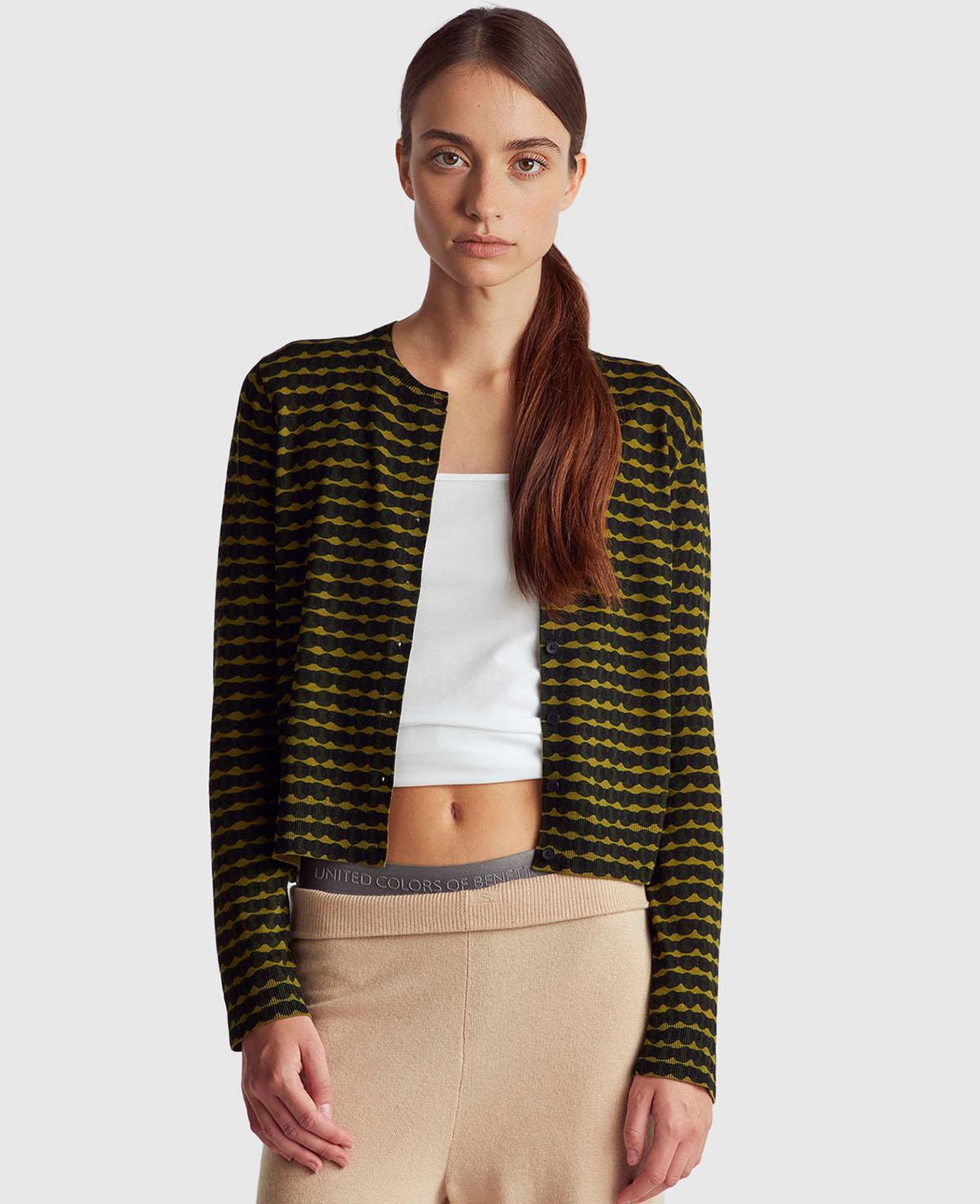 Kadın Haki Yeşili Viskoz Karışımlı Tamamı Desenli Düğmeli Hırka