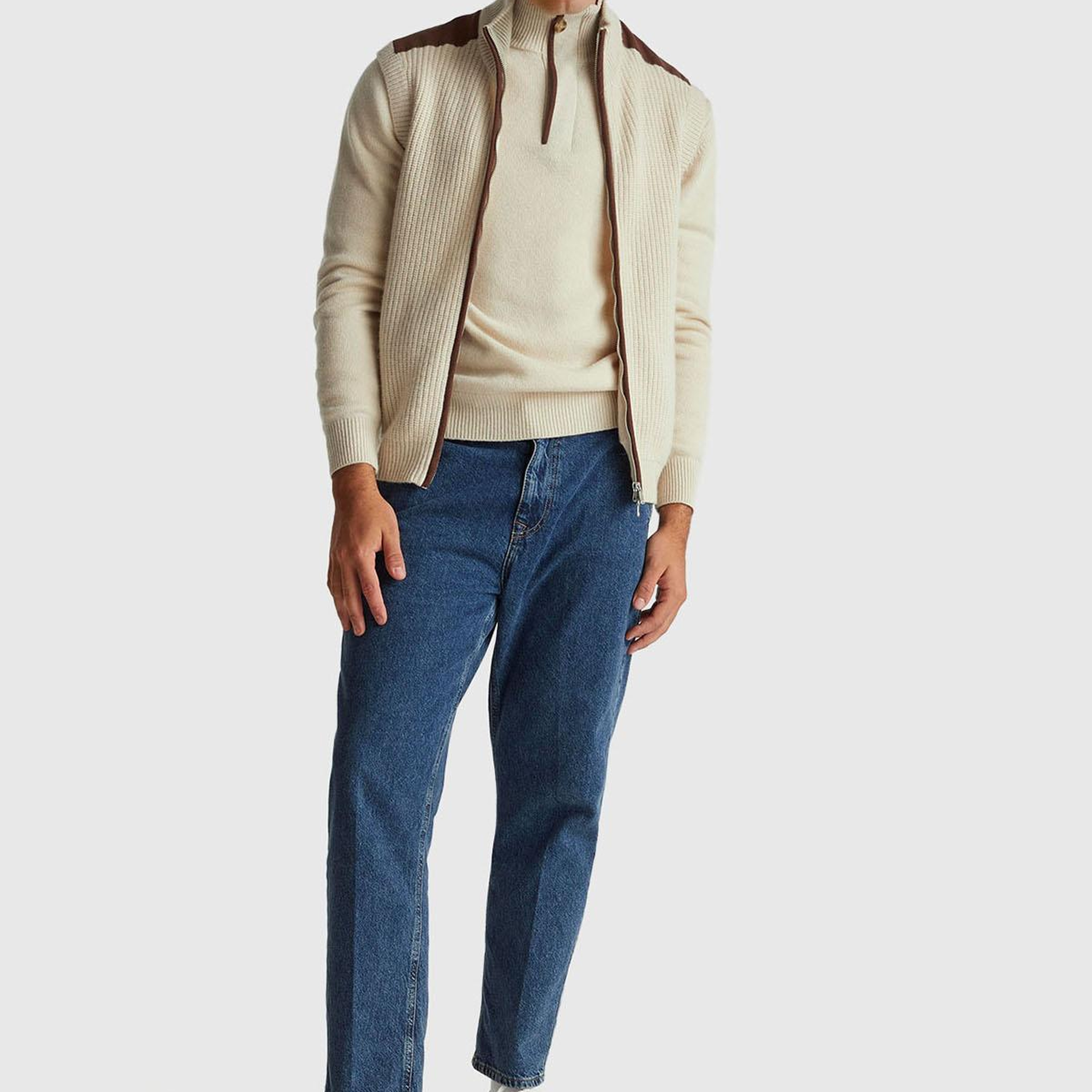 Erkek Krem Yün Karışımlı Dik Yaka Yarım Fermuarlı Dirsek Yamalı Triko