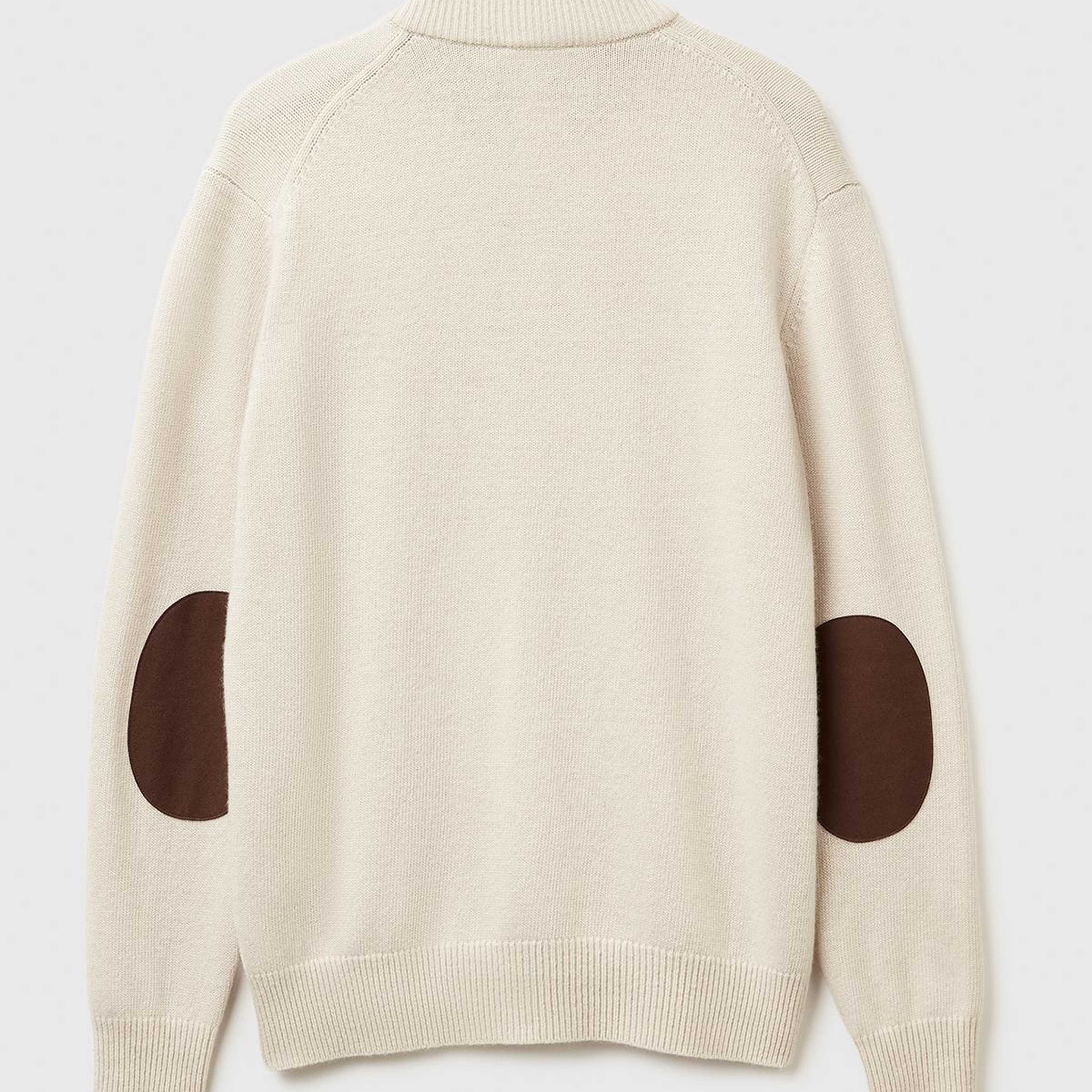 Erkek Krem Yün Karışımlı Dik Yaka Yarım Fermuarlı Dirsek Yamalı Triko