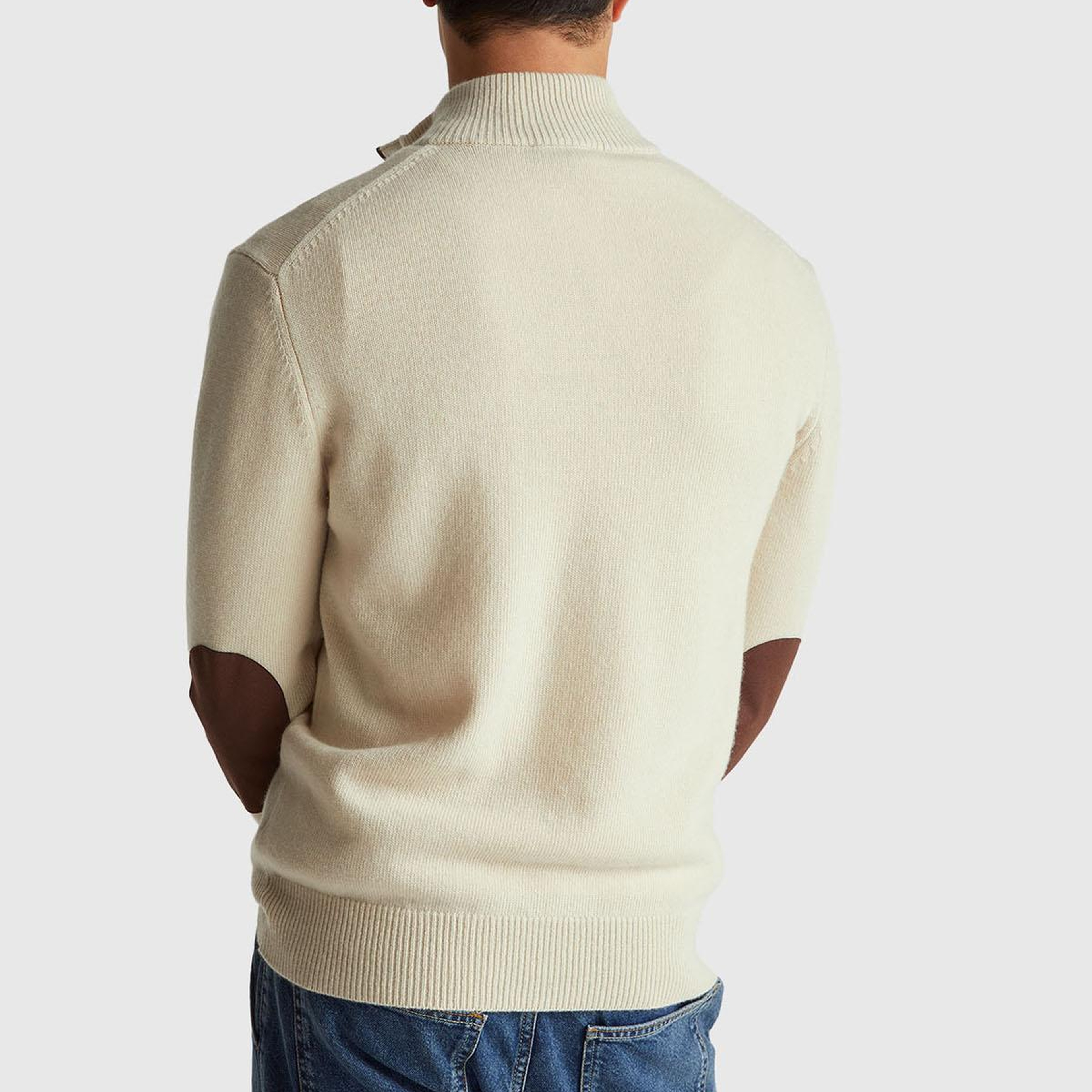 Erkek Krem Yün Karışımlı Dik Yaka Yarım Fermuarlı Dirsek Yamalı Triko