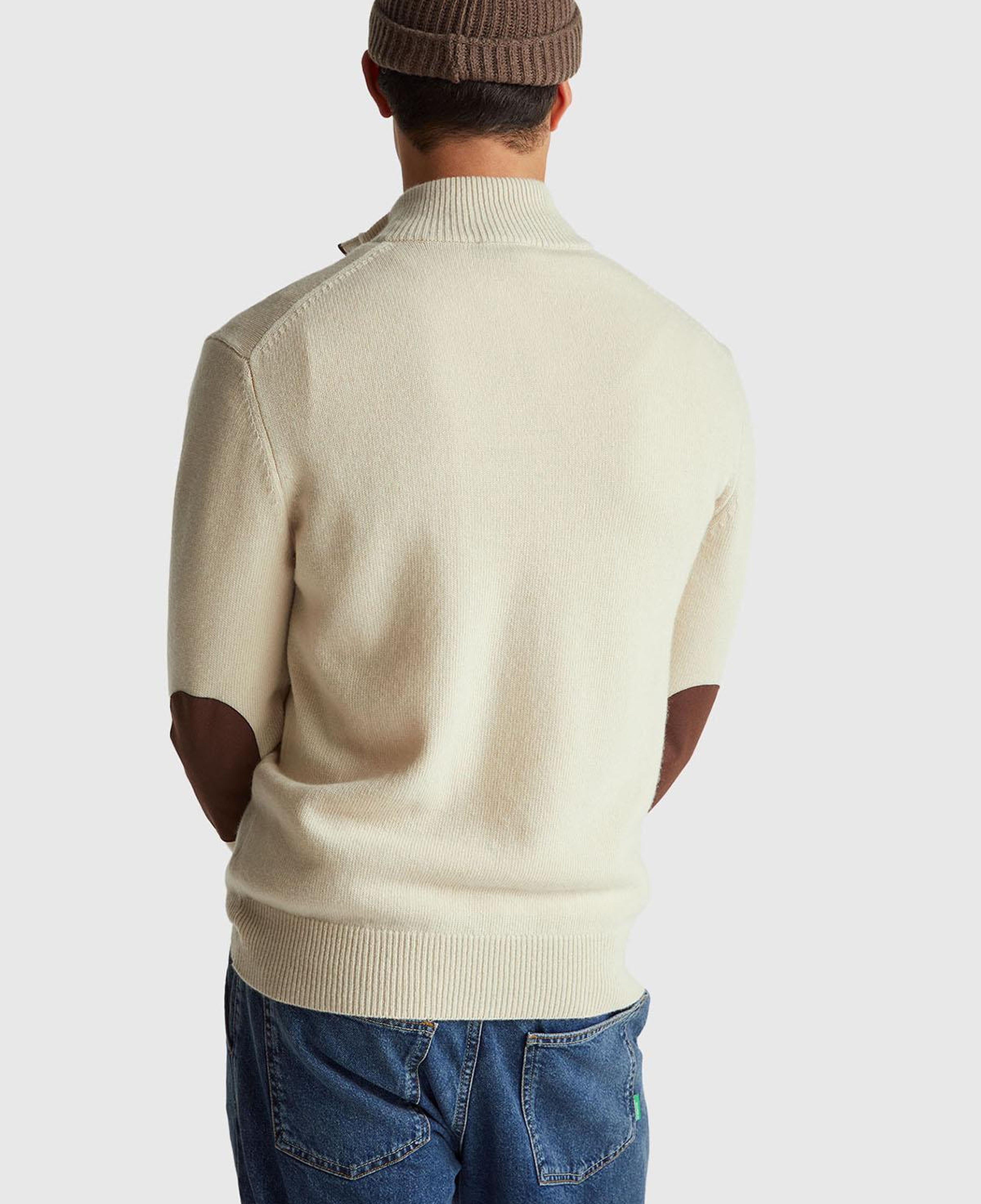 Erkek Krem Yün Karışımlı Dik Yaka Yarım Fermuarlı Dirsek Yamalı Triko