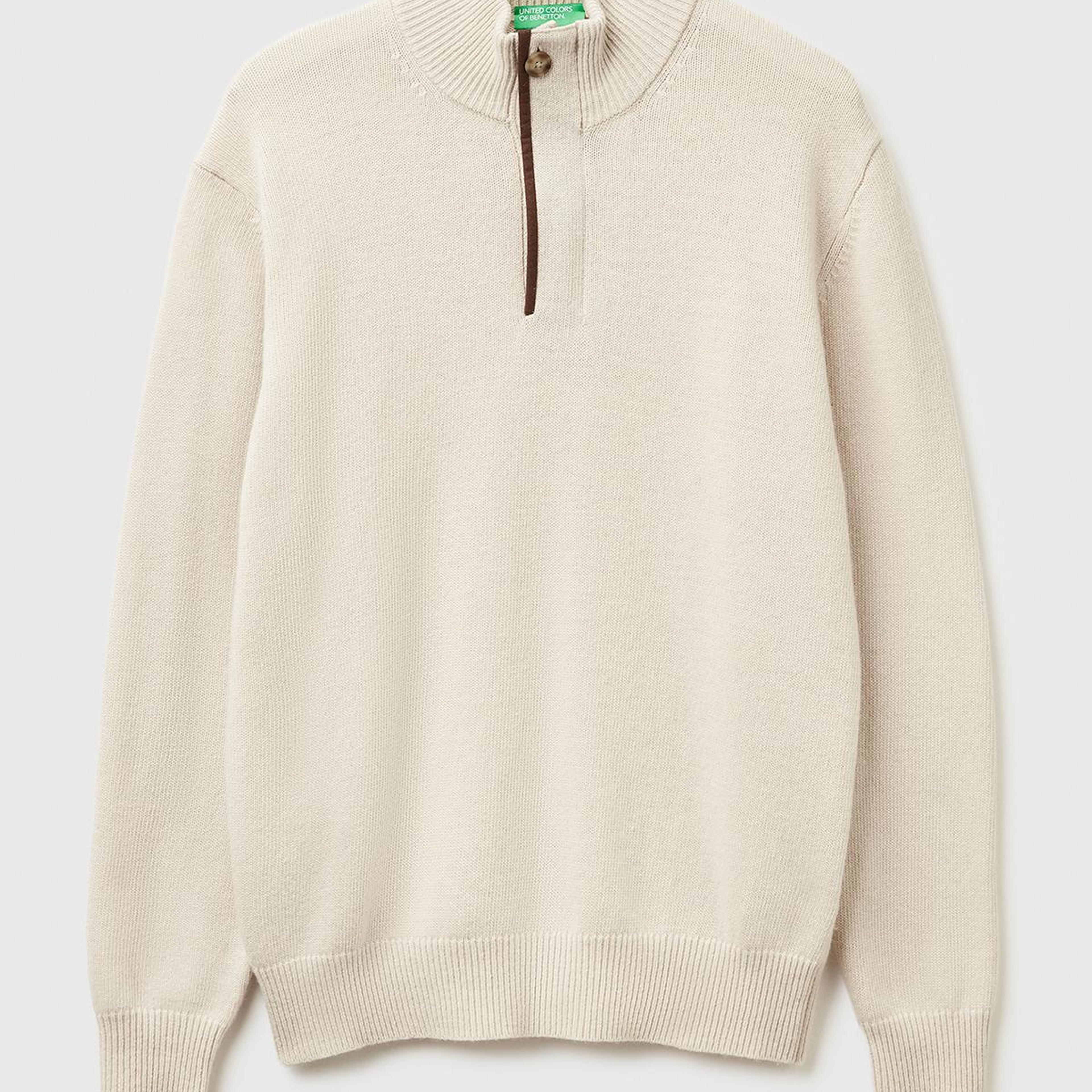 Erkek Krem Yün Karışımlı Dik Yaka Yarım Fermuarlı Dirsek Yamalı Triko