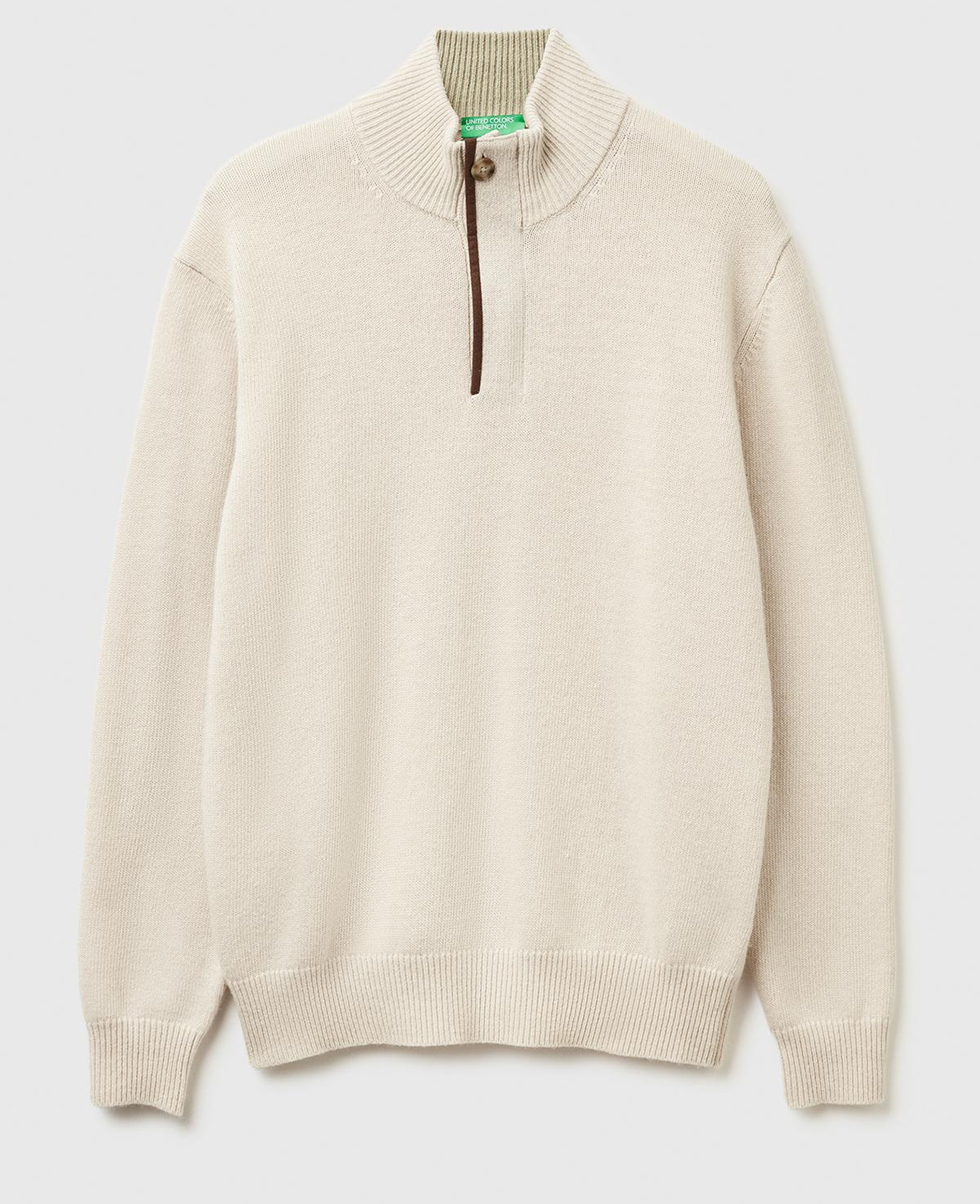 Erkek Krem Yün Karışımlı Dik Yaka Yarım Fermuarlı Dirsek Yamalı Triko