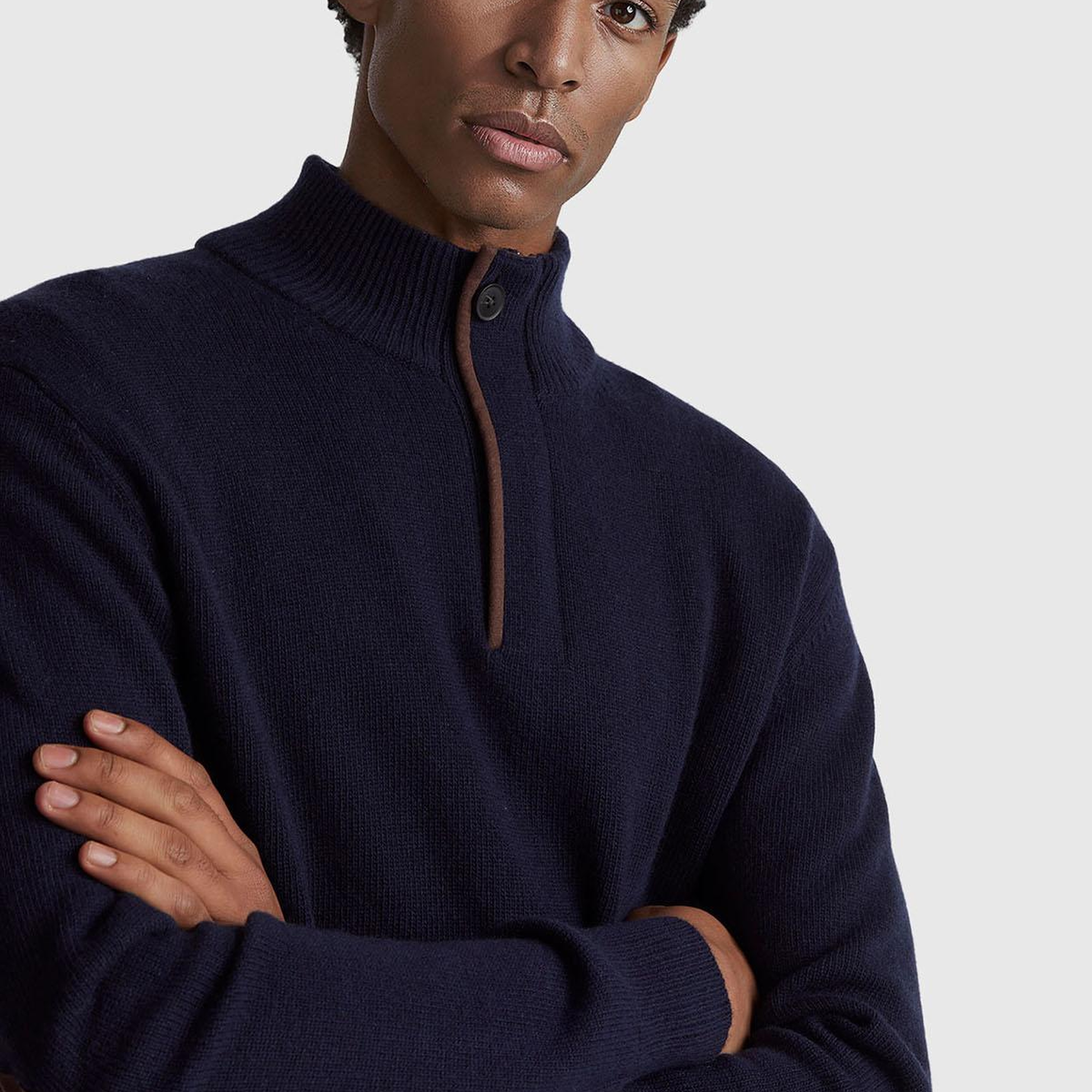 Erkek Lacivert Yün Karışımlı Dik Yaka Yarım Fermuarlı Dirsek Yamalı Triko