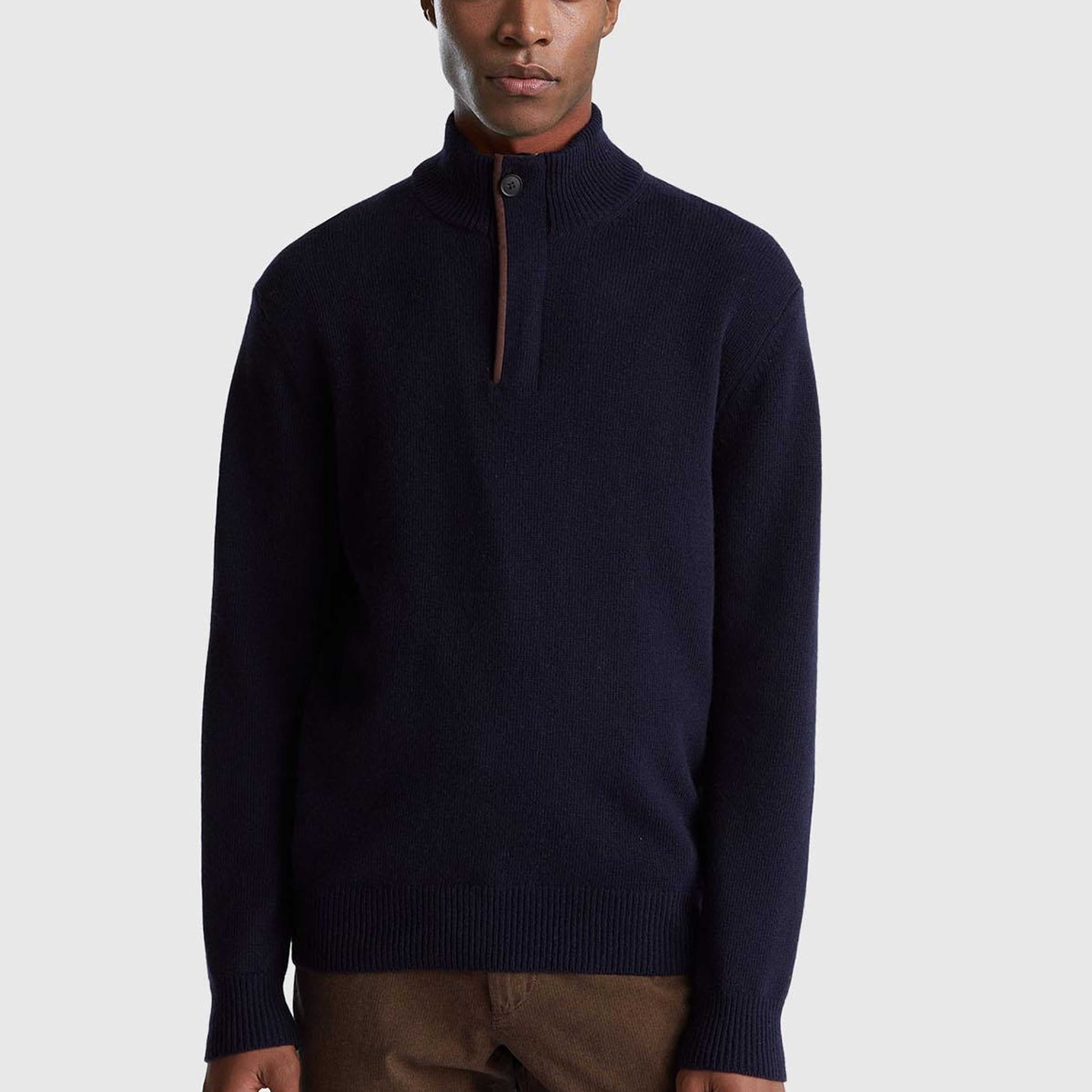 Erkek Lacivert Yün Karışımlı Dik Yaka Yarım Fermuarlı Dirsek Yamalı Triko