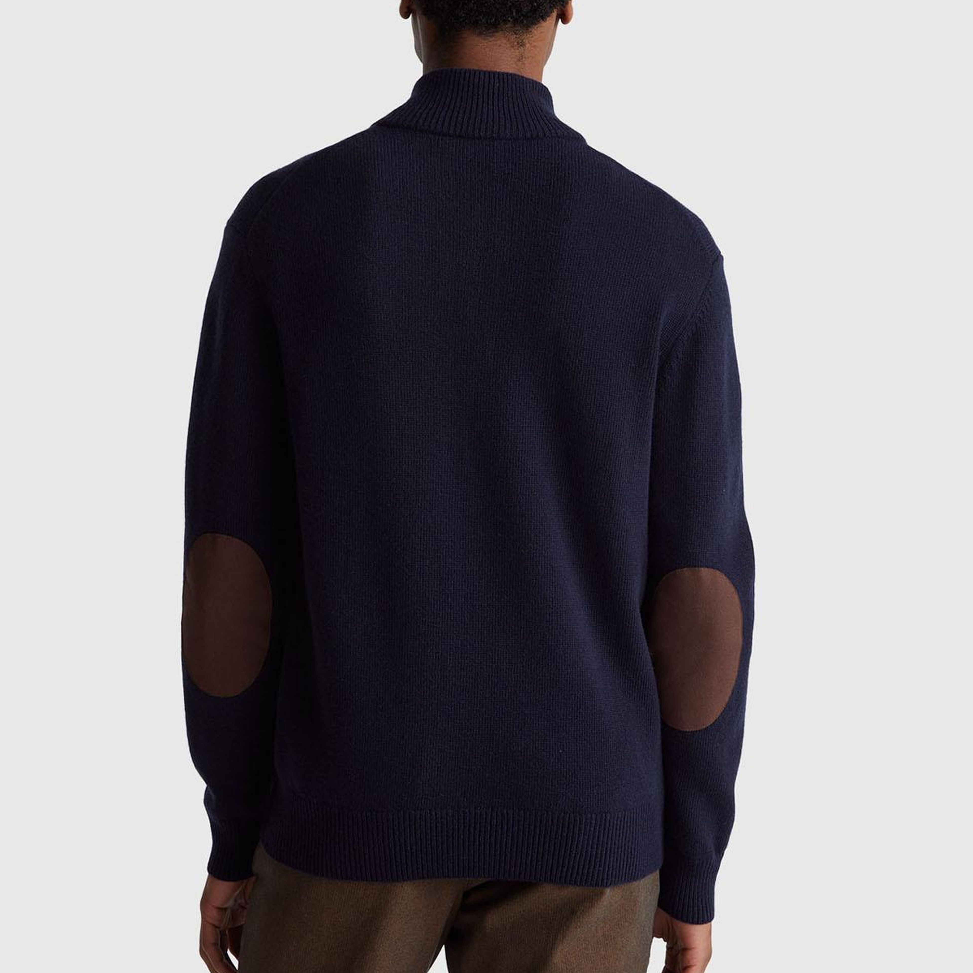 Erkek Lacivert Yün Karışımlı Dik Yaka Yarım Fermuarlı Dirsek Yamalı Triko