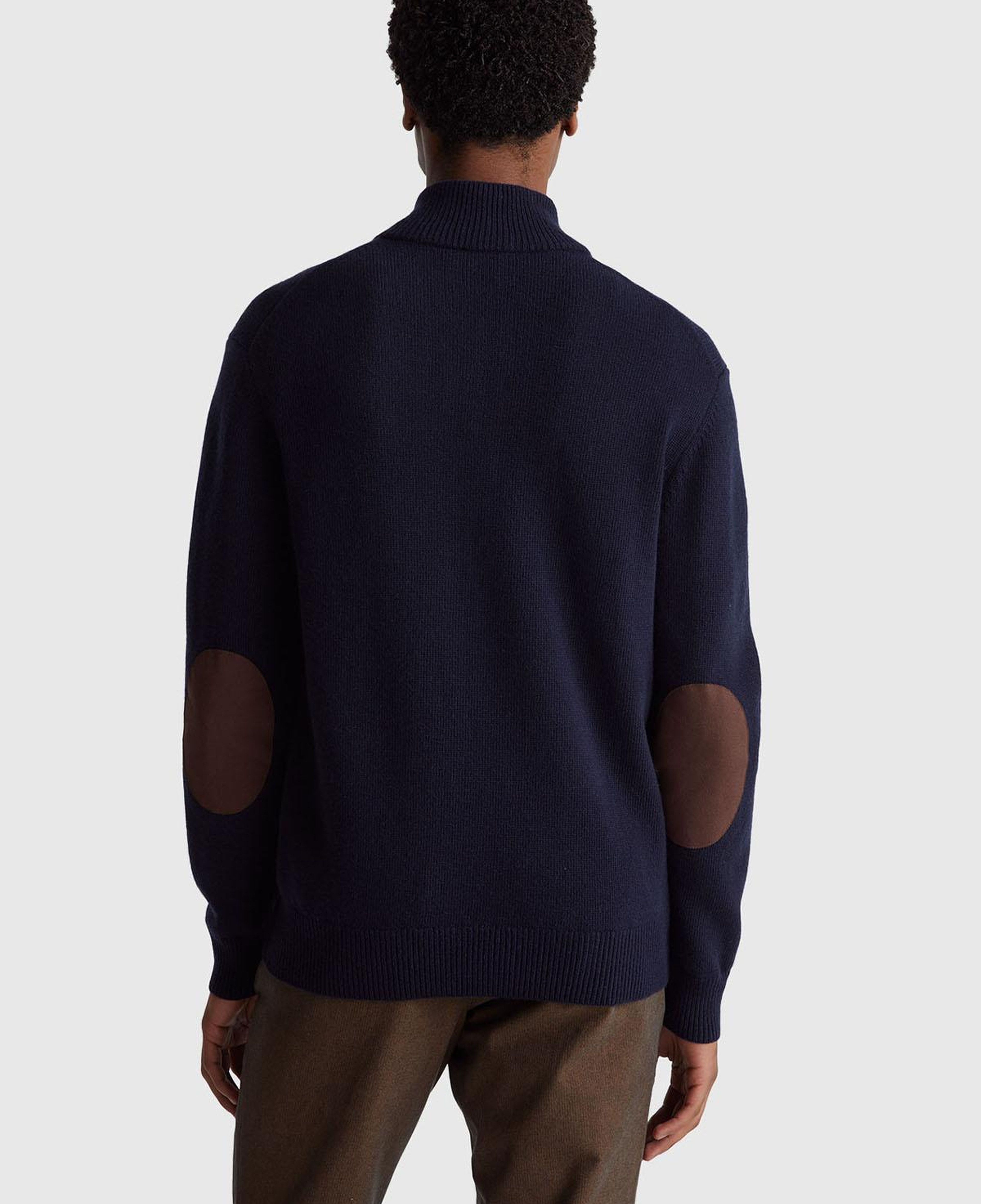 Erkek Lacivert Yün Karışımlı Dik Yaka Yarım Fermuarlı Dirsek Yamalı Triko