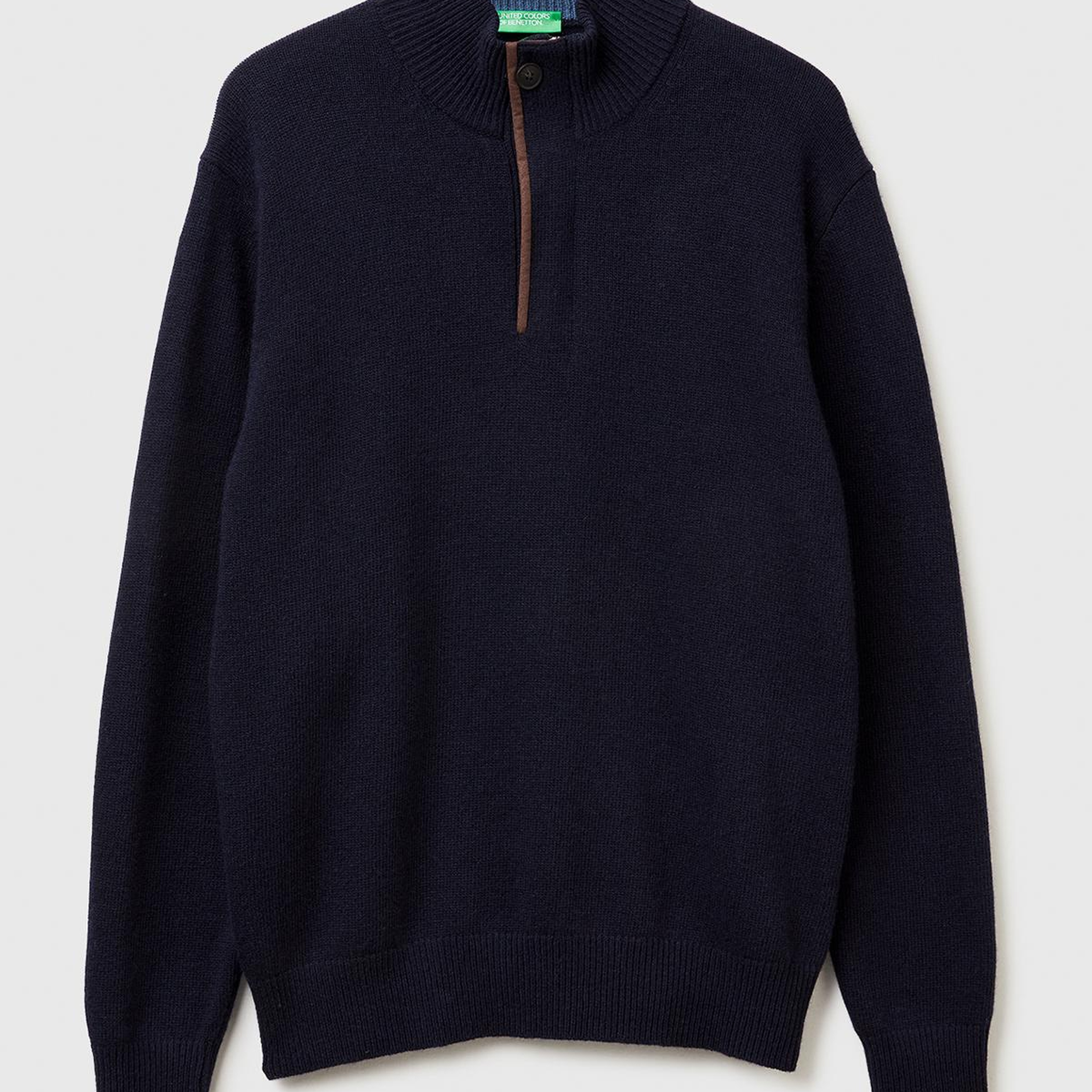 Erkek Lacivert Yün Karışımlı Dik Yaka Yarım Fermuarlı Dirsek Yamalı Triko