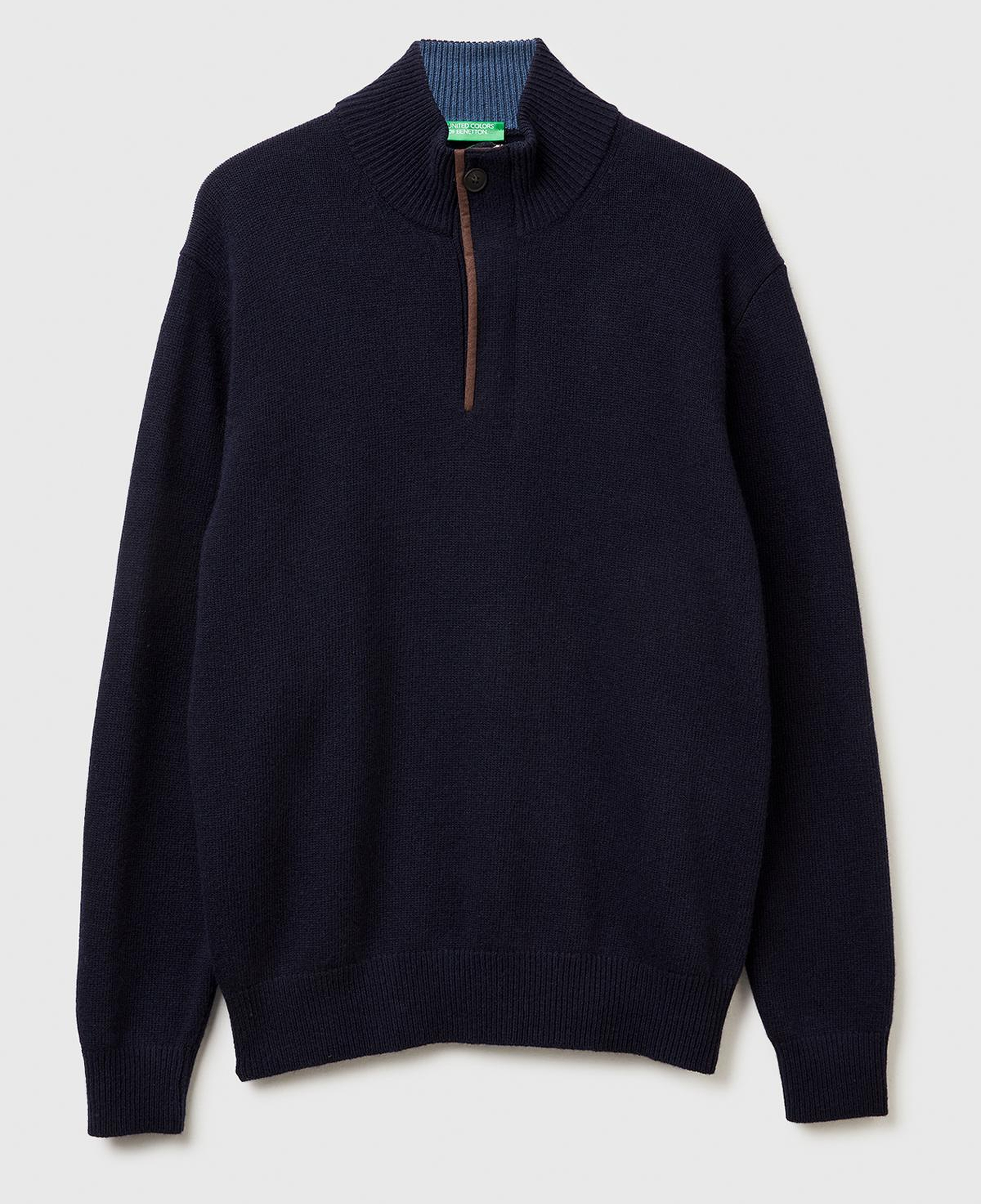 Erkek Lacivert Yün Karışımlı Dik Yaka Yarım Fermuarlı Dirsek Yamalı Triko