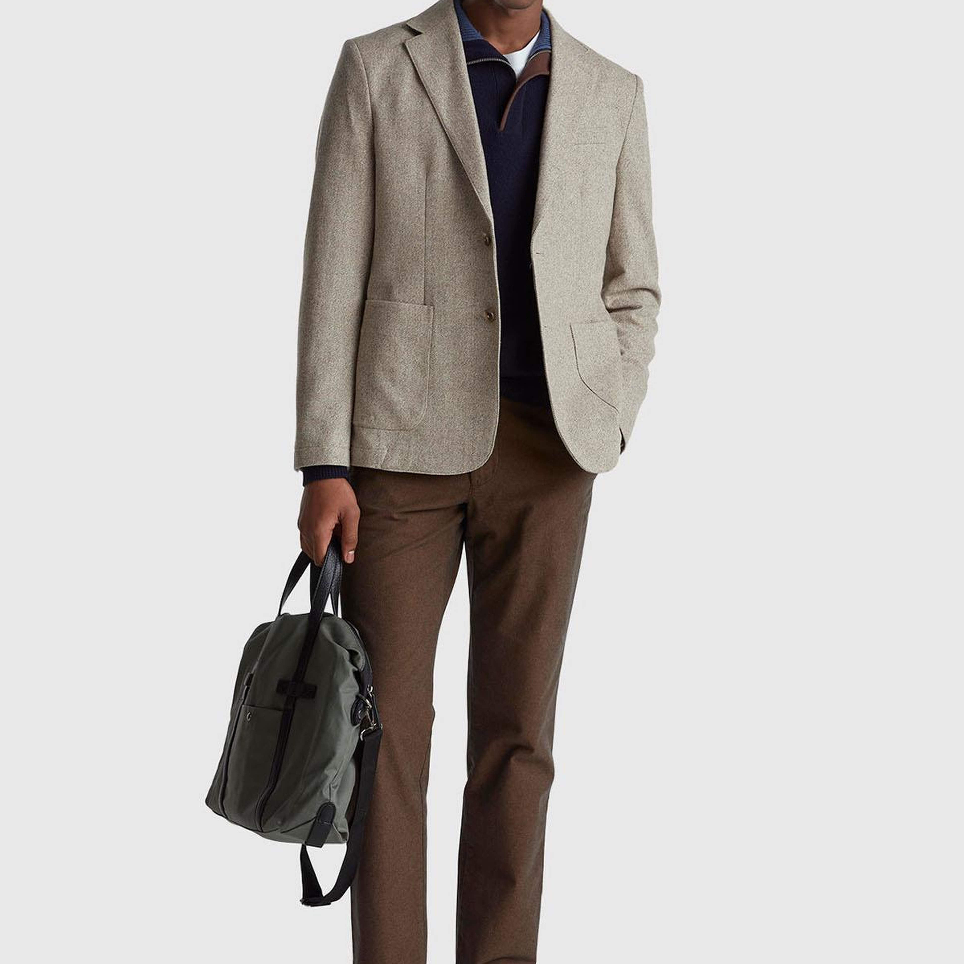 Erkek Lacivert Yün Karışımlı Dik Yaka Yarım Fermuarlı Dirsek Yamalı Triko