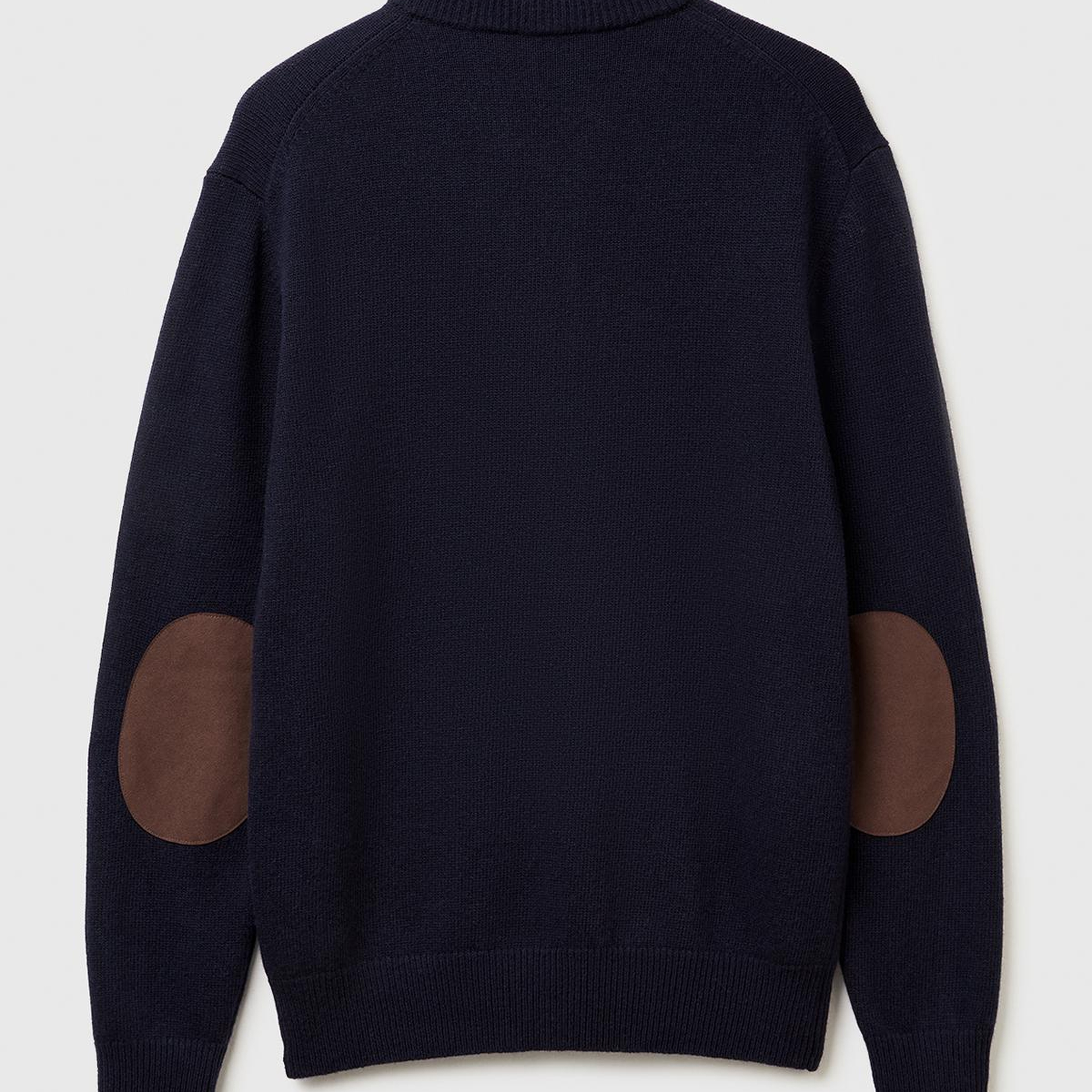 Erkek Lacivert Yün Karışımlı Dik Yaka Yarım Fermuarlı Dirsek Yamalı Triko