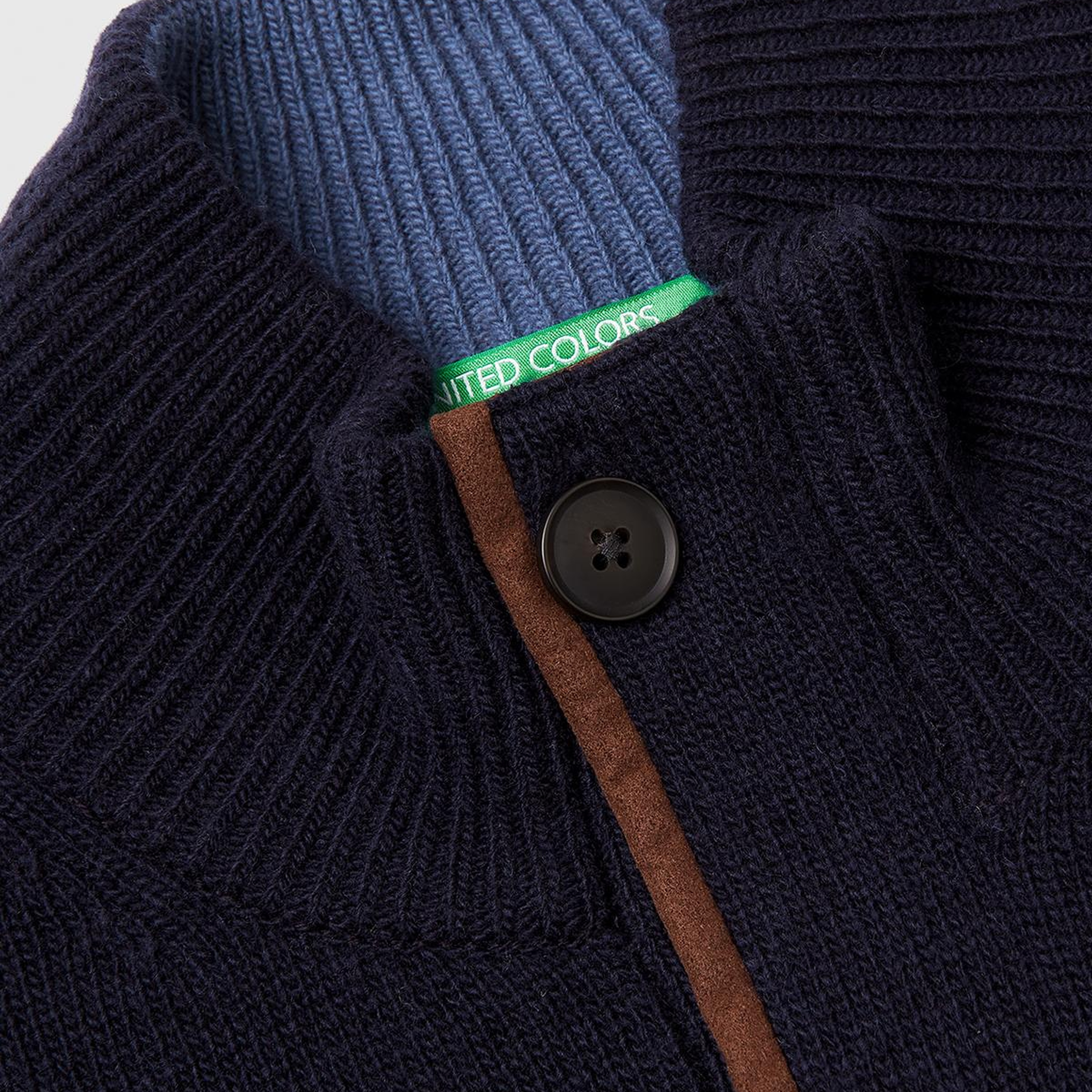 Erkek Lacivert Yün Karışımlı Dik Yaka Yarım Fermuarlı Dirsek Yamalı Triko