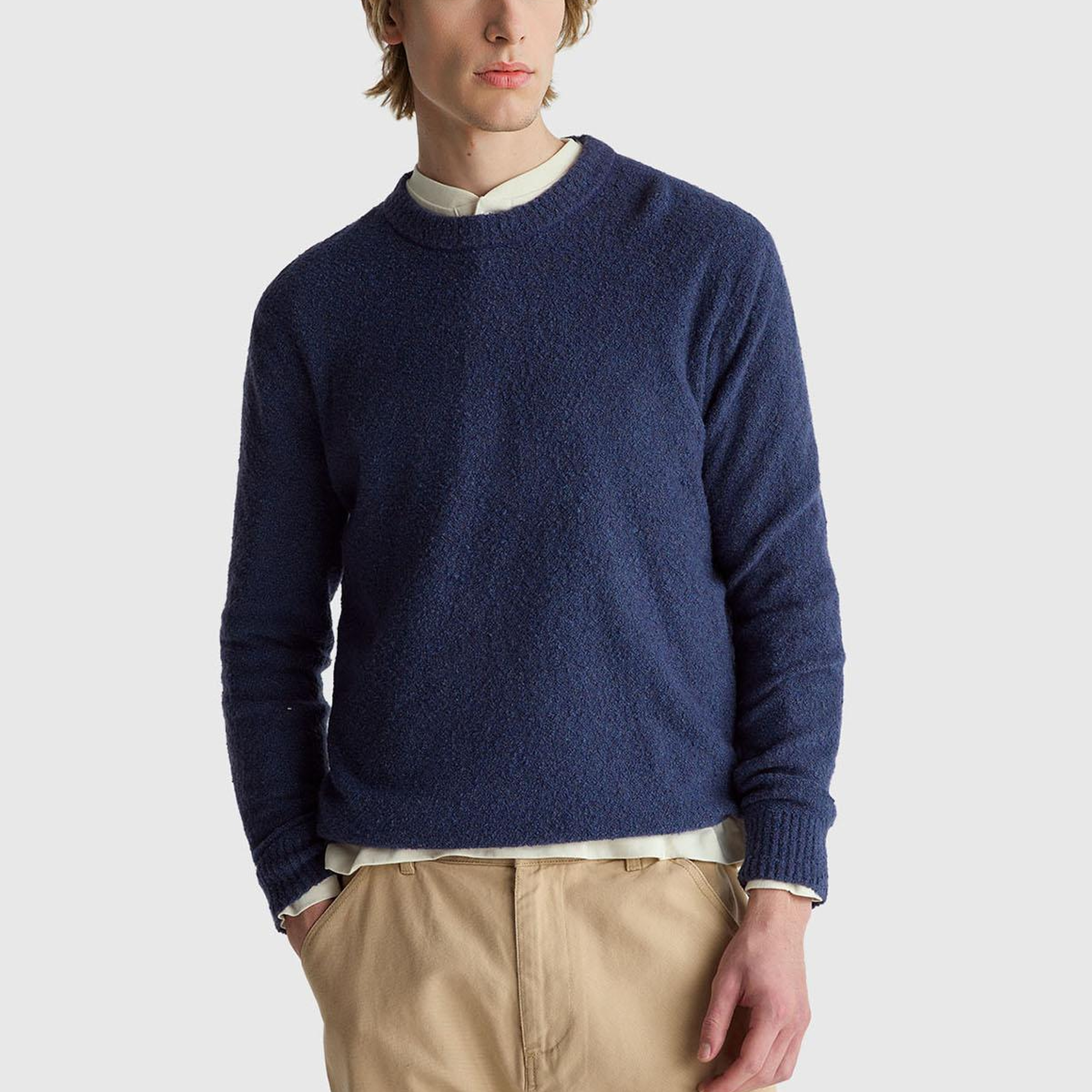 Erkek Denim Mavi Pamuk ve Yün Karışımlı Ribana Detaylı Bisiklet Yaka Kazak