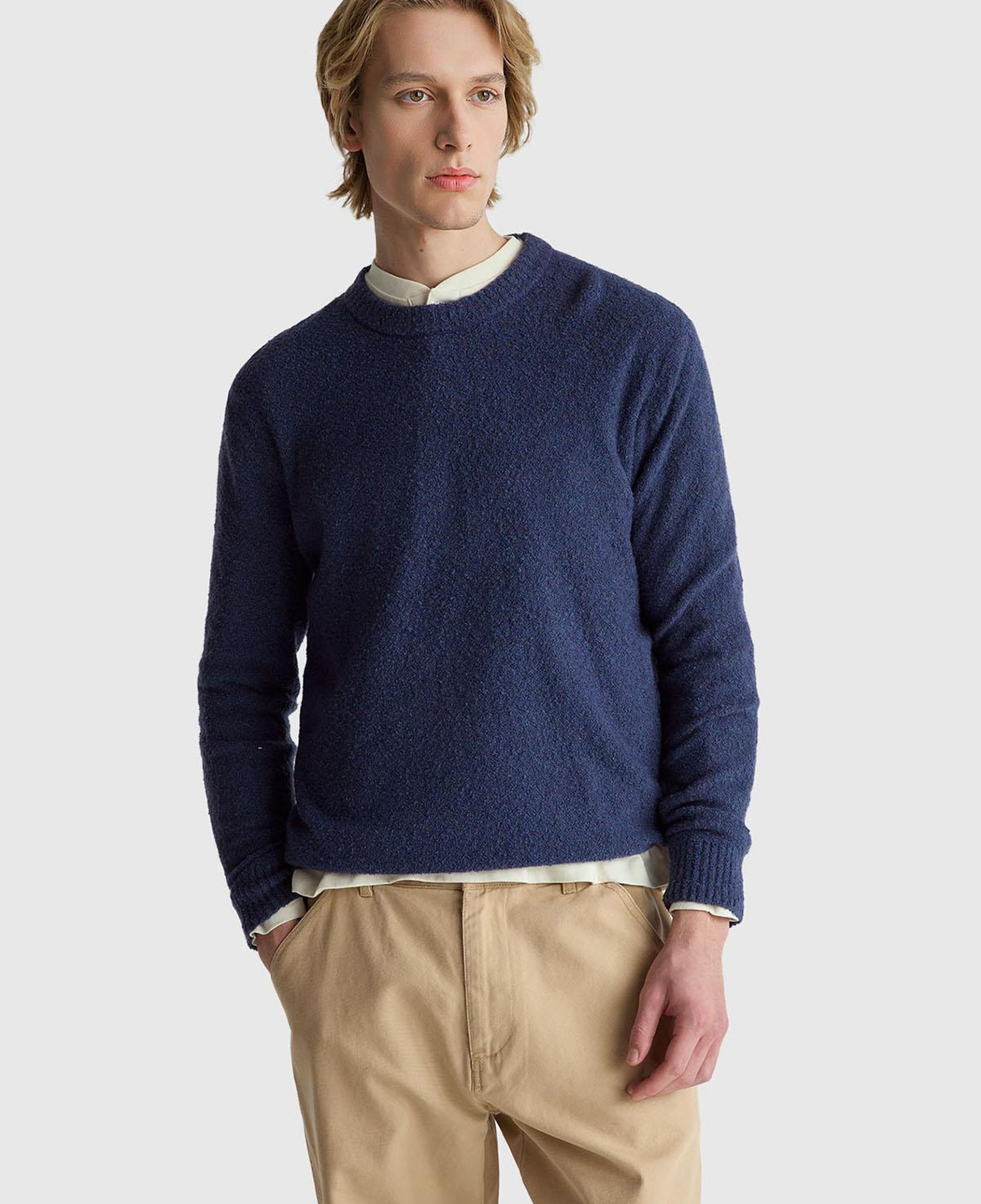 Erkek Denim Mavi Pamuk ve Yün Karışımlı Ribana Detaylı Bisiklet Yaka Kazak