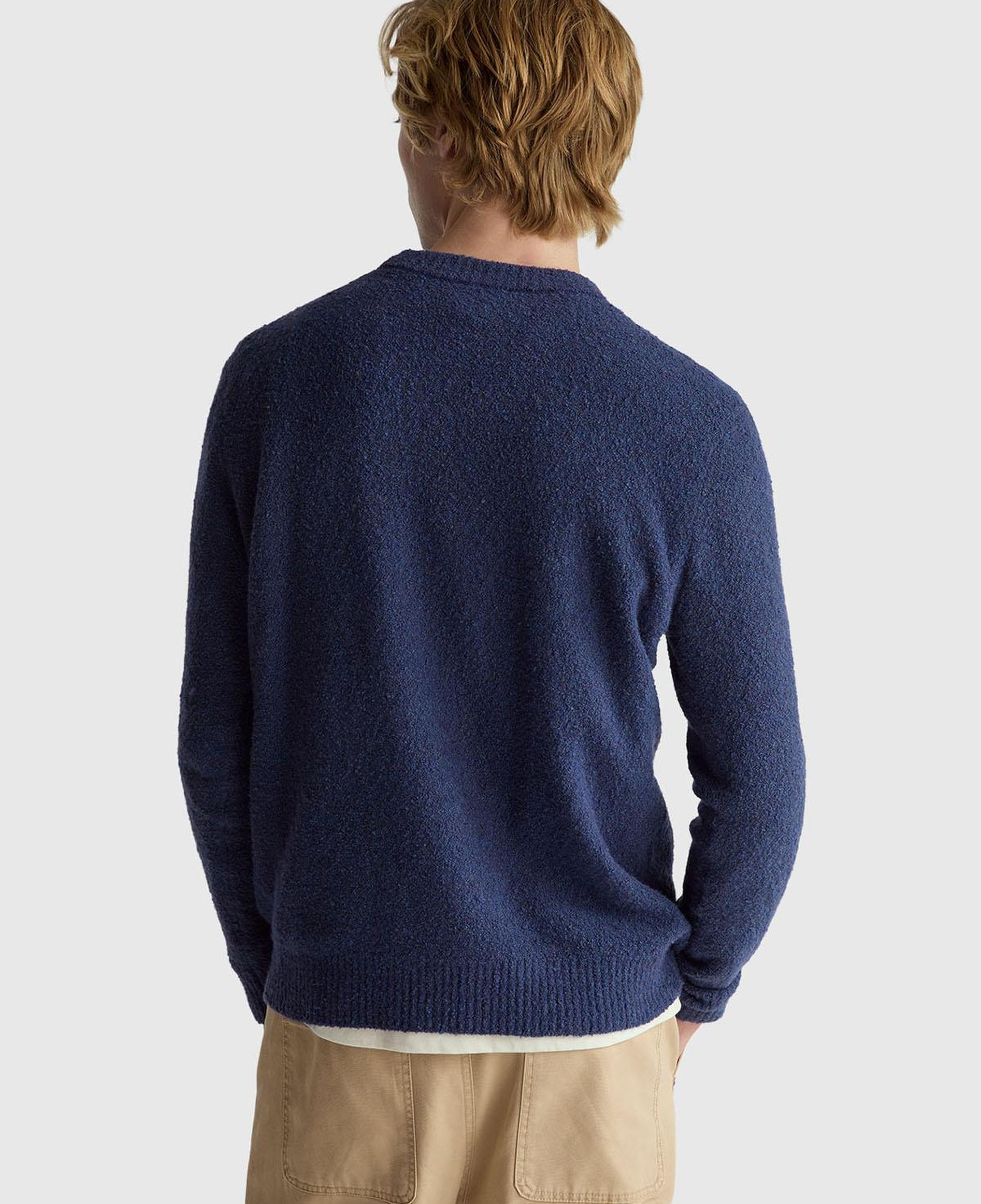 Erkek Denim Mavi Pamuk ve Yün Karışımlı Ribana Detaylı Bisiklet Yaka Kazak