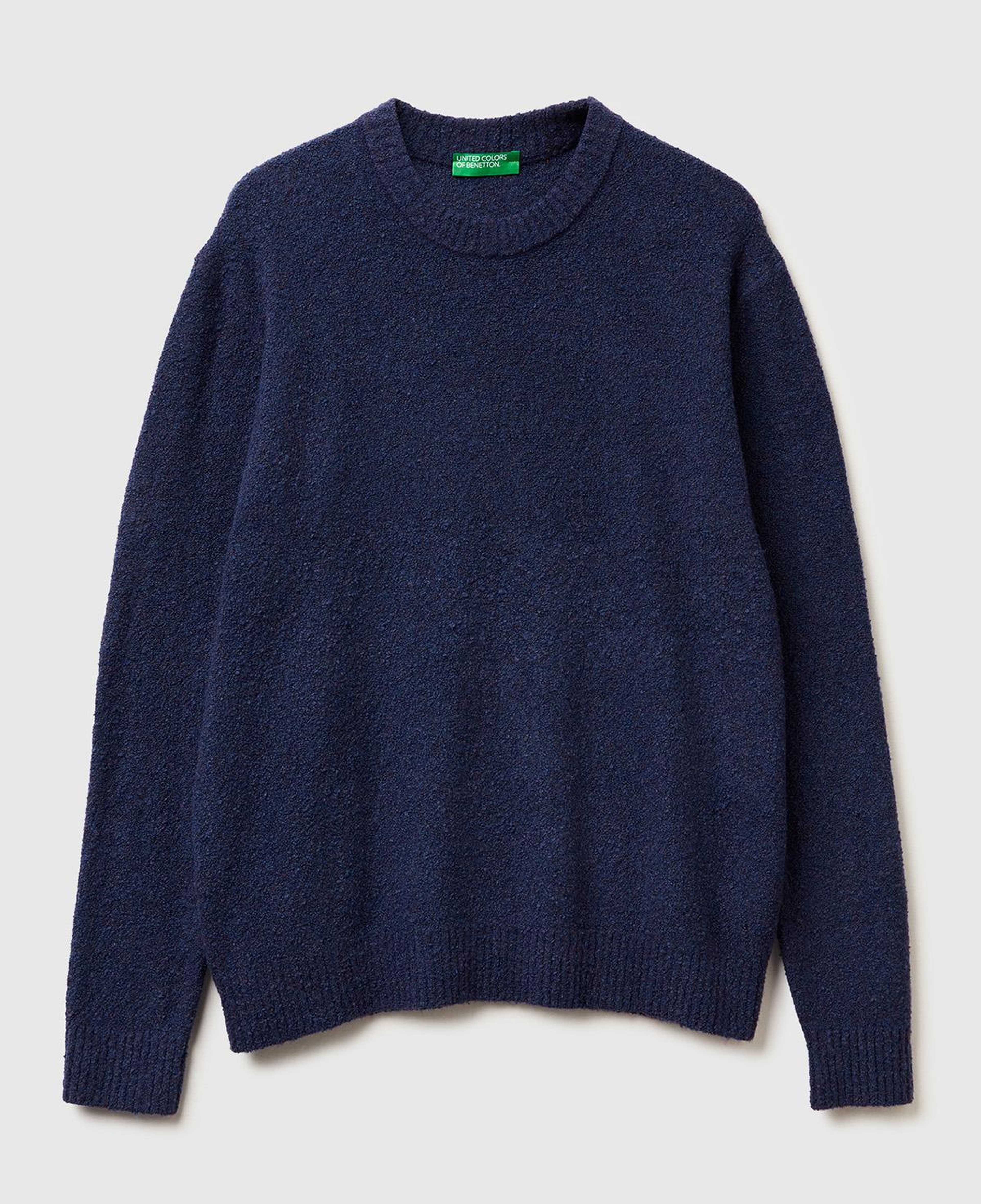 Erkek Denim Mavi Pamuk ve Yün Karışımlı Ribana Detaylı Bisiklet Yaka Kazak