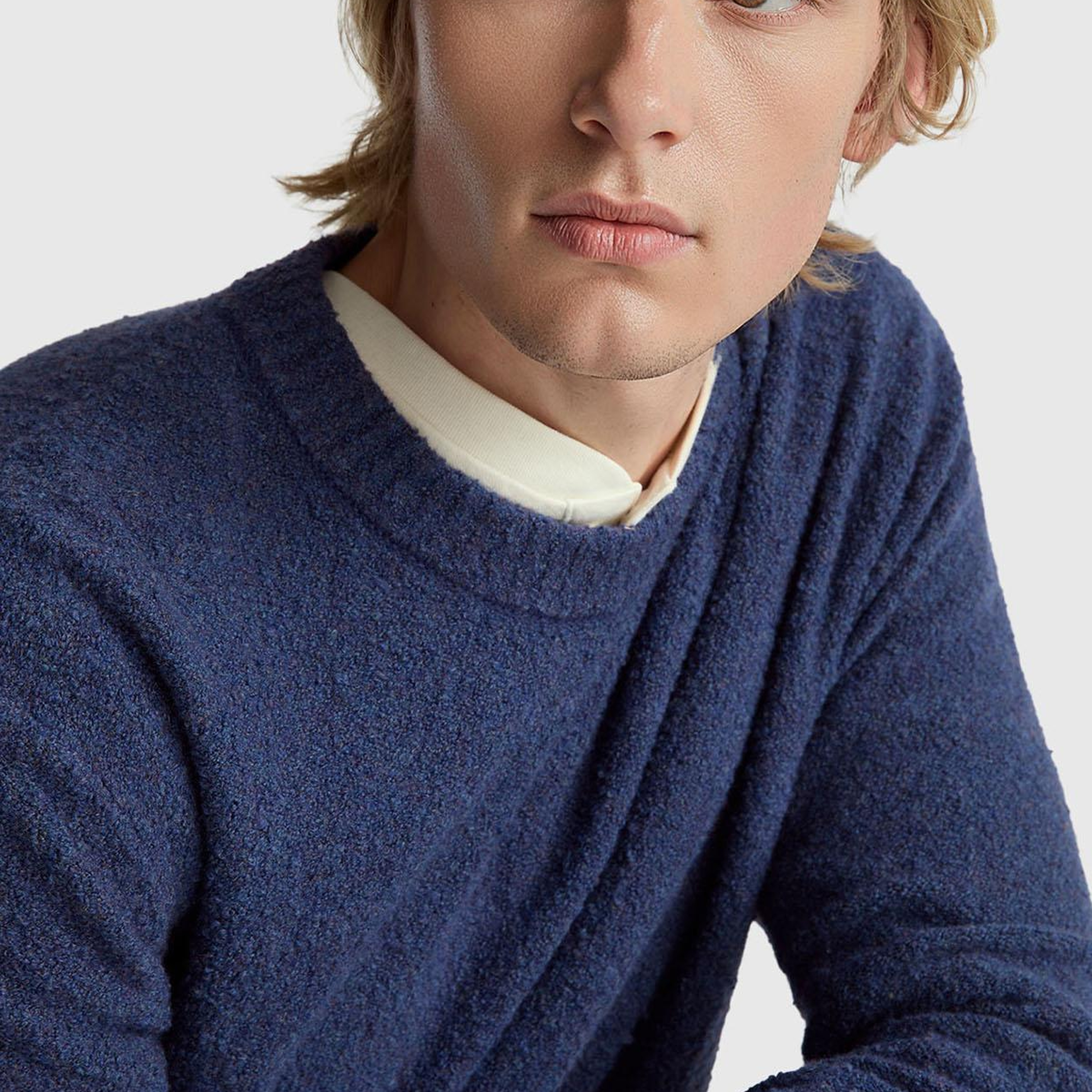 Erkek Denim Mavi Pamuk ve Yün Karışımlı Ribana Detaylı Bisiklet Yaka Kazak