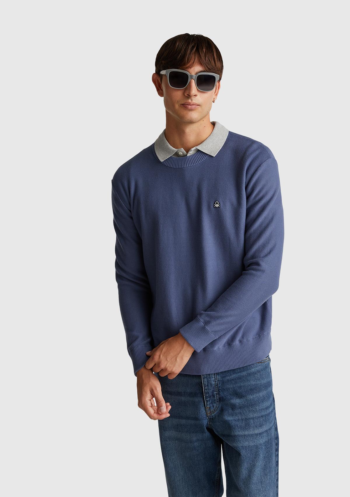 Erkek Havacı Mavi Pamuk Karışımlı Önü Logo İşlemeli Bisiklet Yaka Kazak