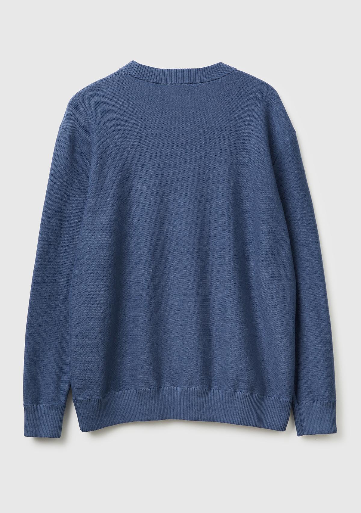 Erkek Havacı Mavi Pamuk Karışımlı Önü Logo İşlemeli Bisiklet Yaka Kazak