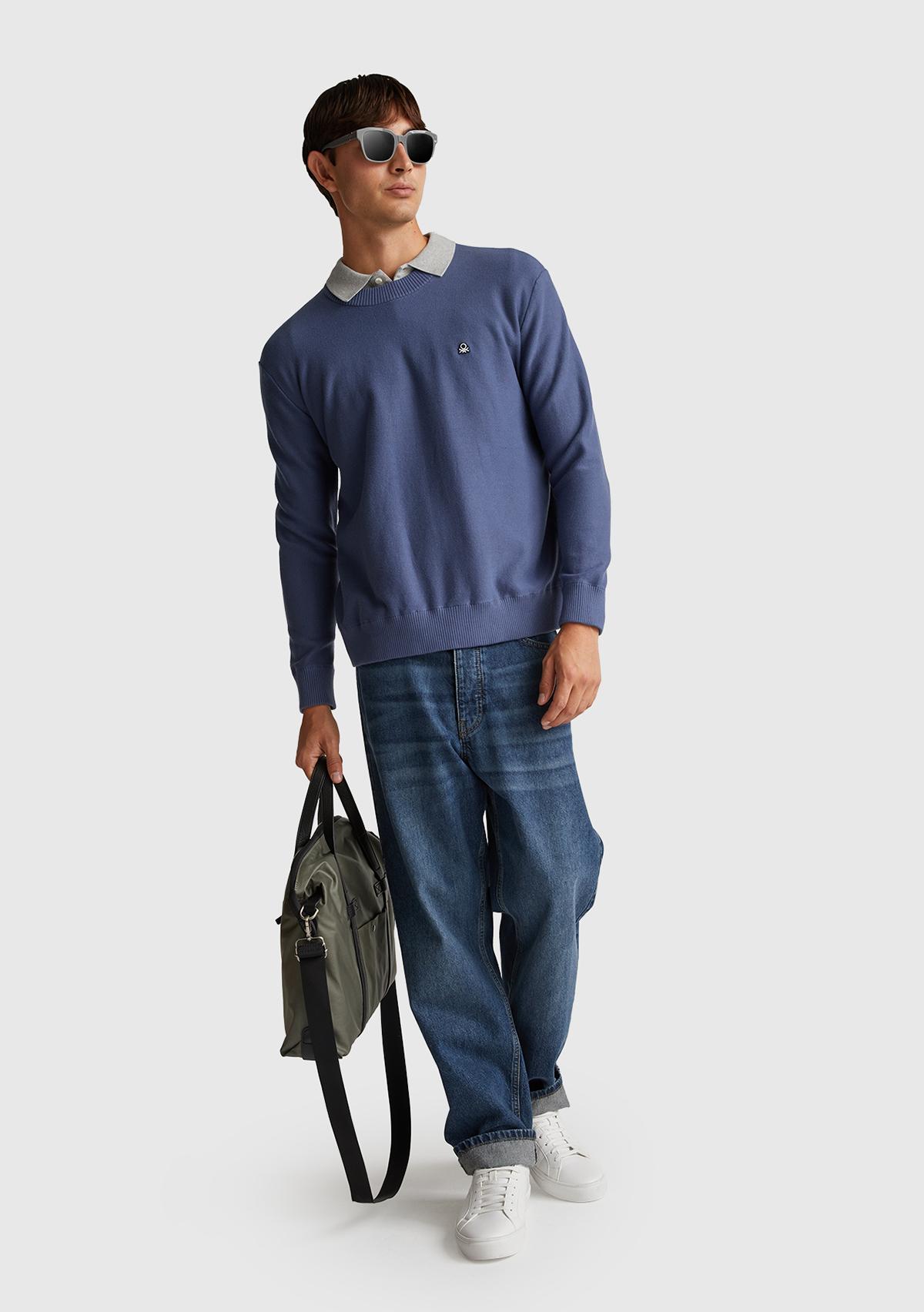 Erkek Havacı Mavi Pamuk Karışımlı Önü Logo İşlemeli Bisiklet Yaka Kazak