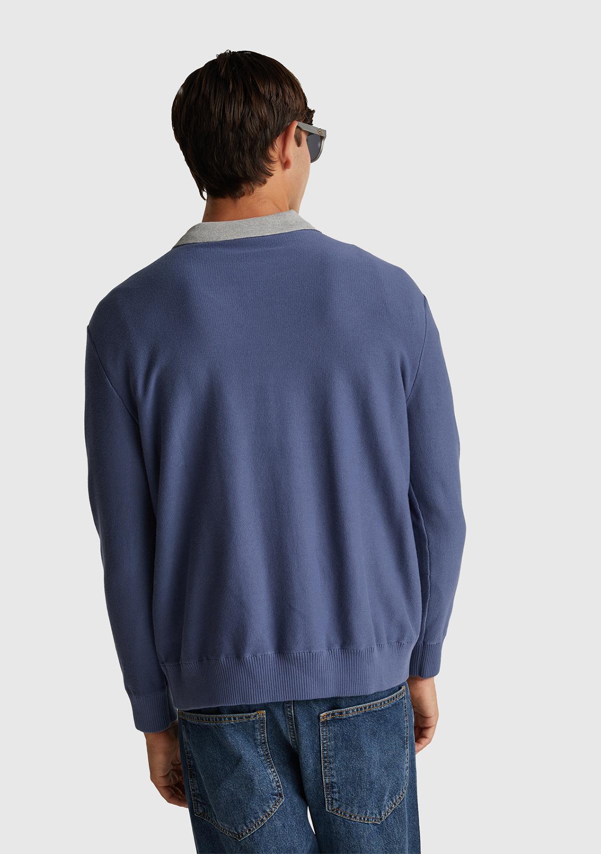 Erkek Havacı Mavi Pamuk Karışımlı Önü Logo İşlemeli Bisiklet Yaka Kazak