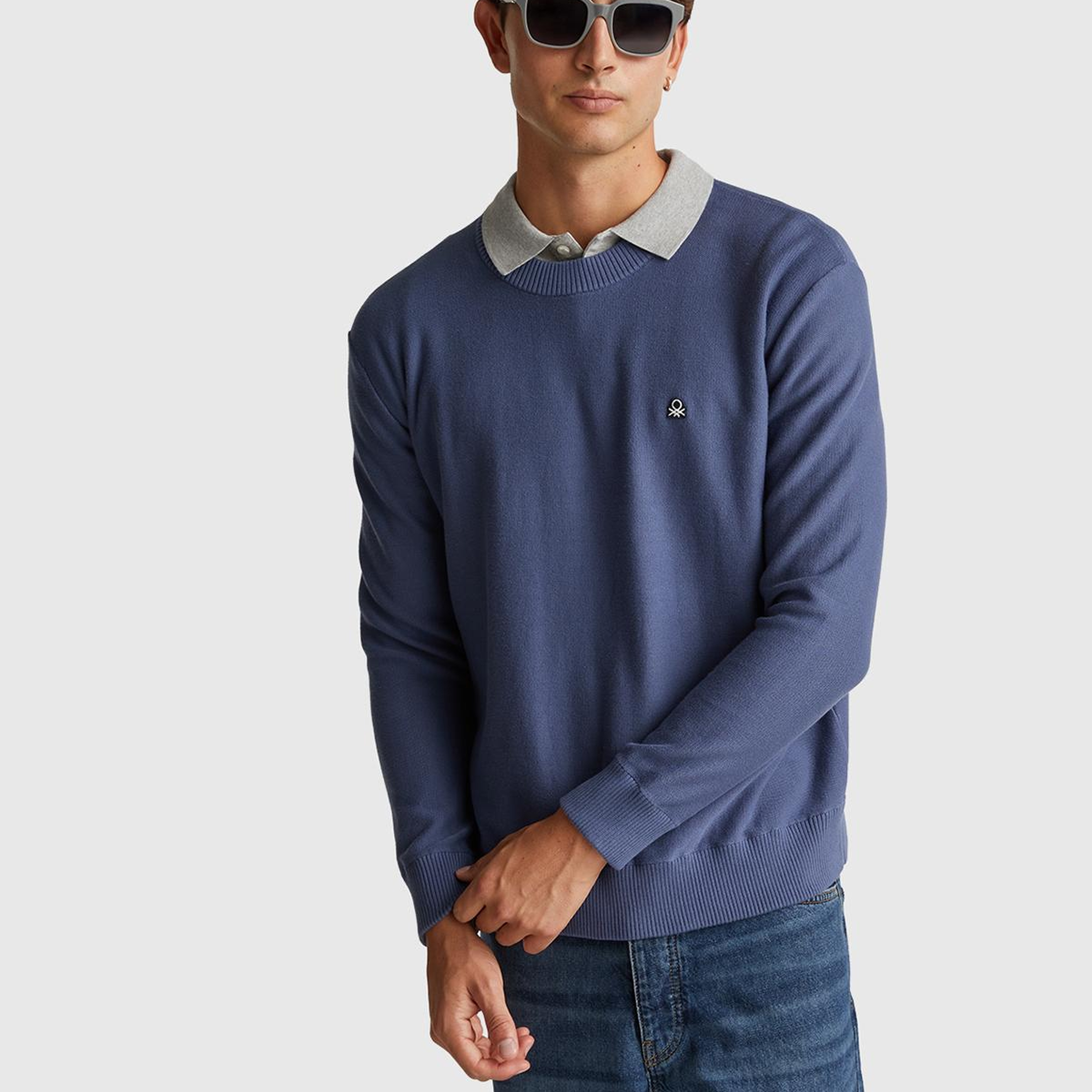 Erkek Havacı Mavi Pamuk Karışımlı Önü Logo İşlemeli Bisiklet Yaka Kazak