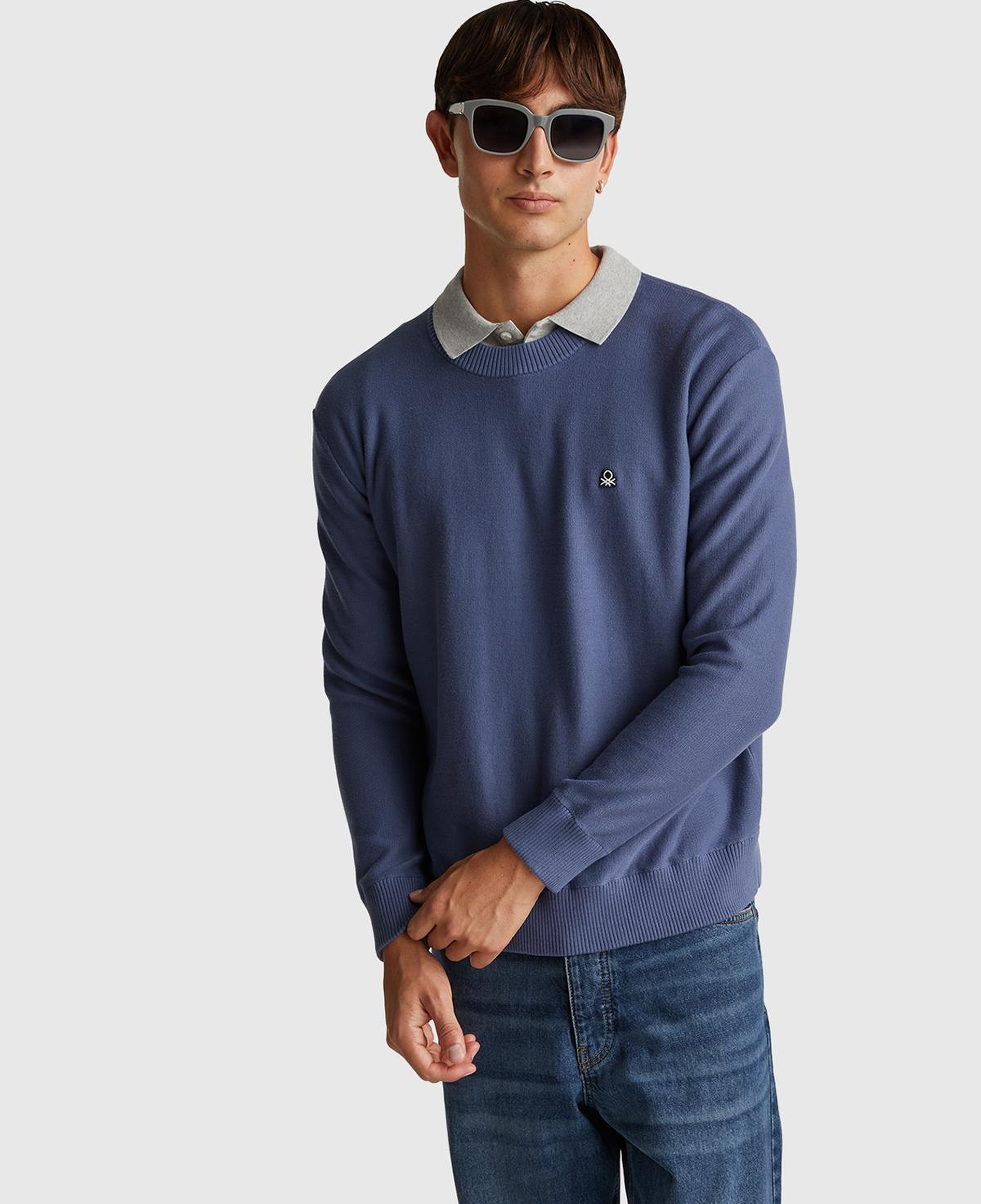 Erkek Havacı Mavi Pamuk Karışımlı Önü Logo İşlemeli Bisiklet Yaka Kazak