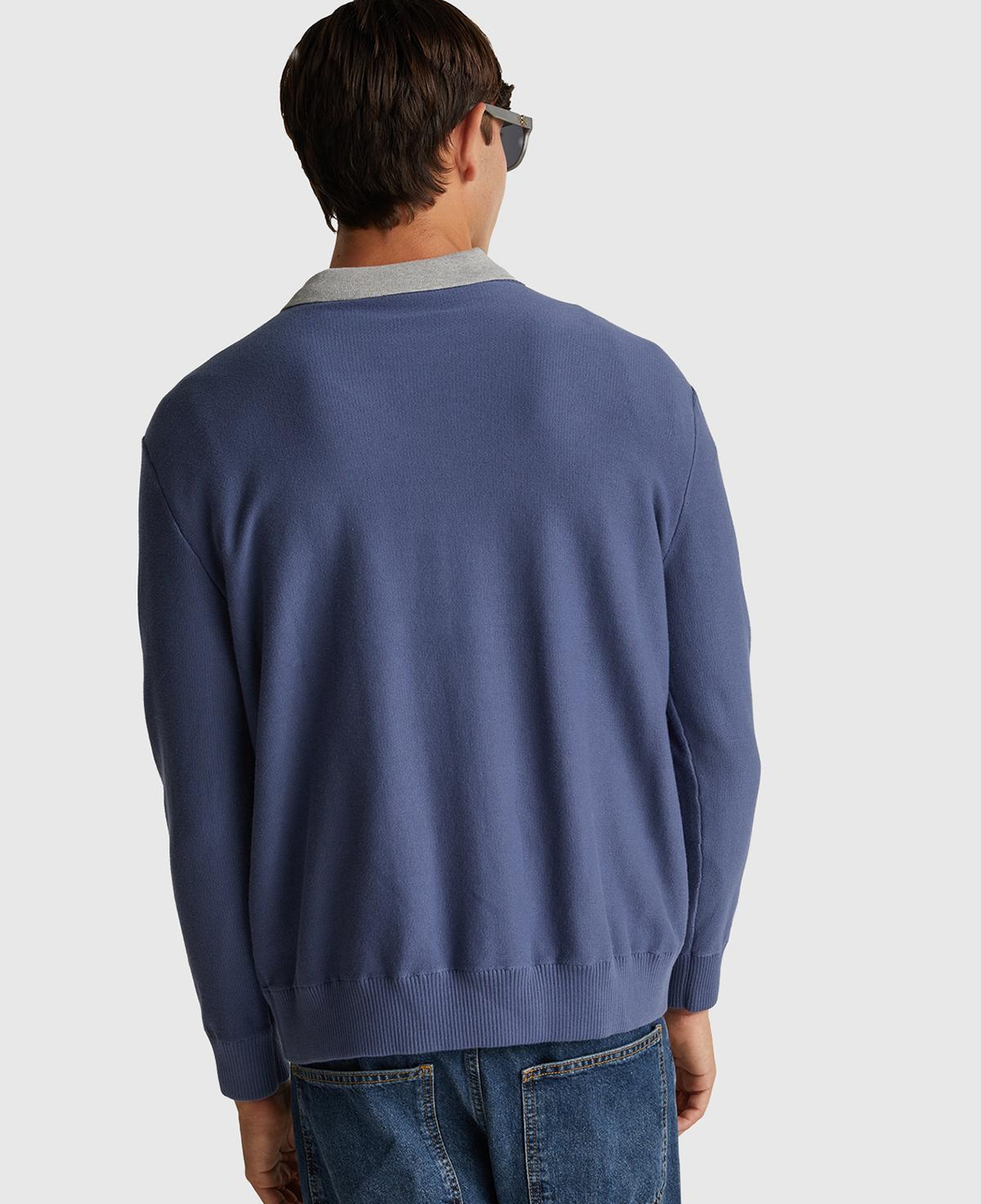 Erkek Havacı Mavi Pamuk Karışımlı Önü Logo İşlemeli Bisiklet Yaka Kazak