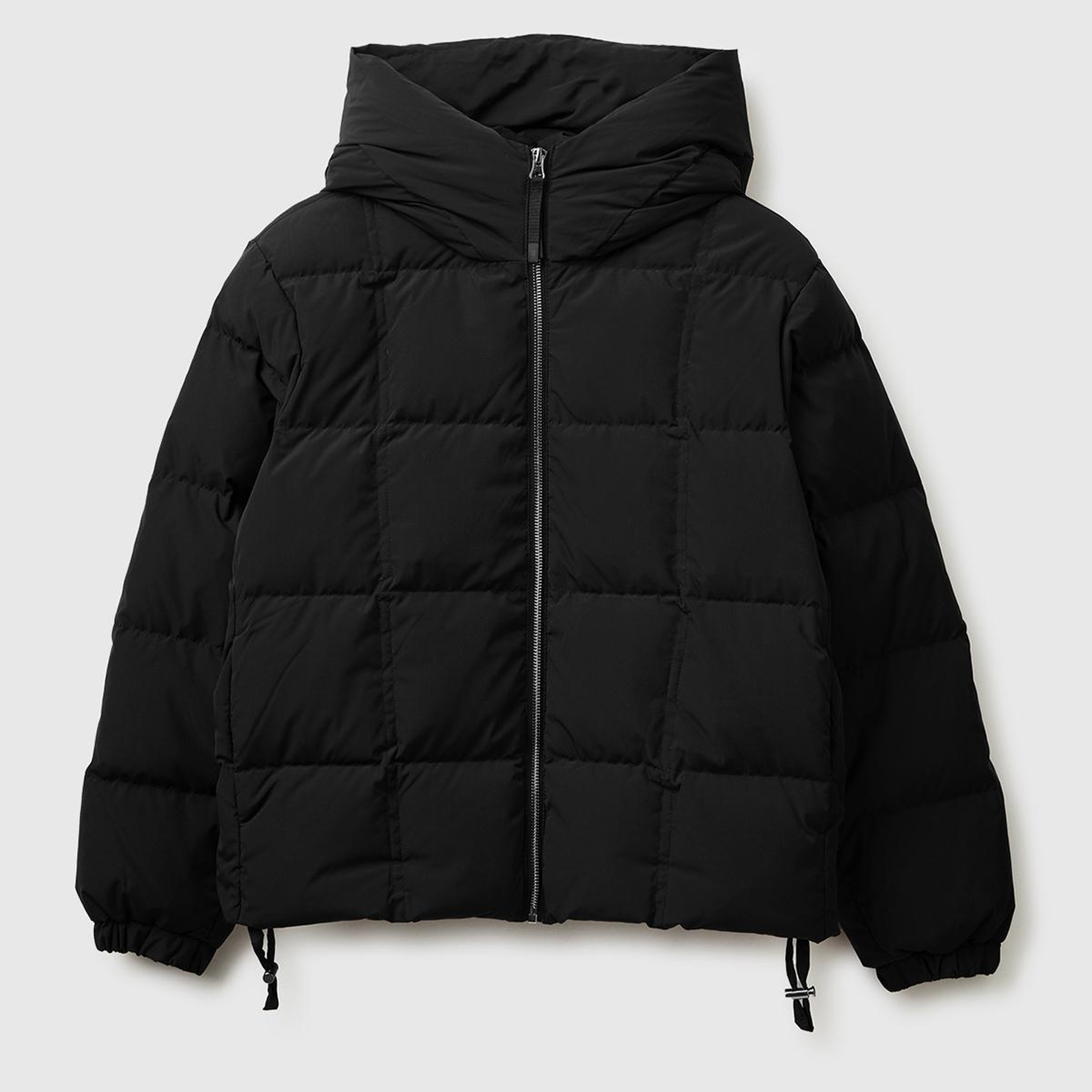 Kadın Siyah Kuş Tüyü Kapüşonlu Fermuarlı Kolu Lastikli Şişme Mont