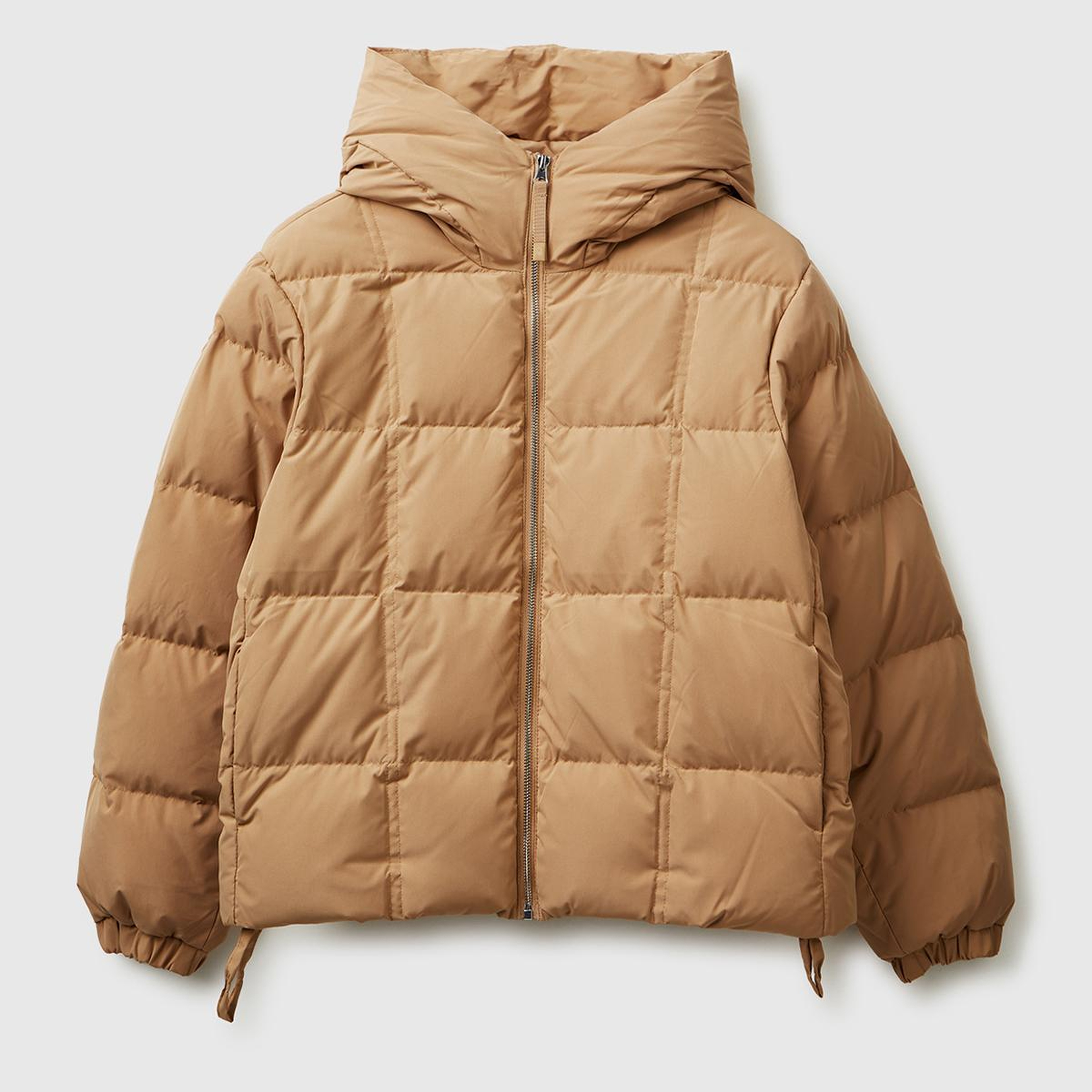 Kadın Açık Kahverengi Kuş Tüyü Kapüşonlu Fermuarlı Kolu Lastikli Şişme Mont