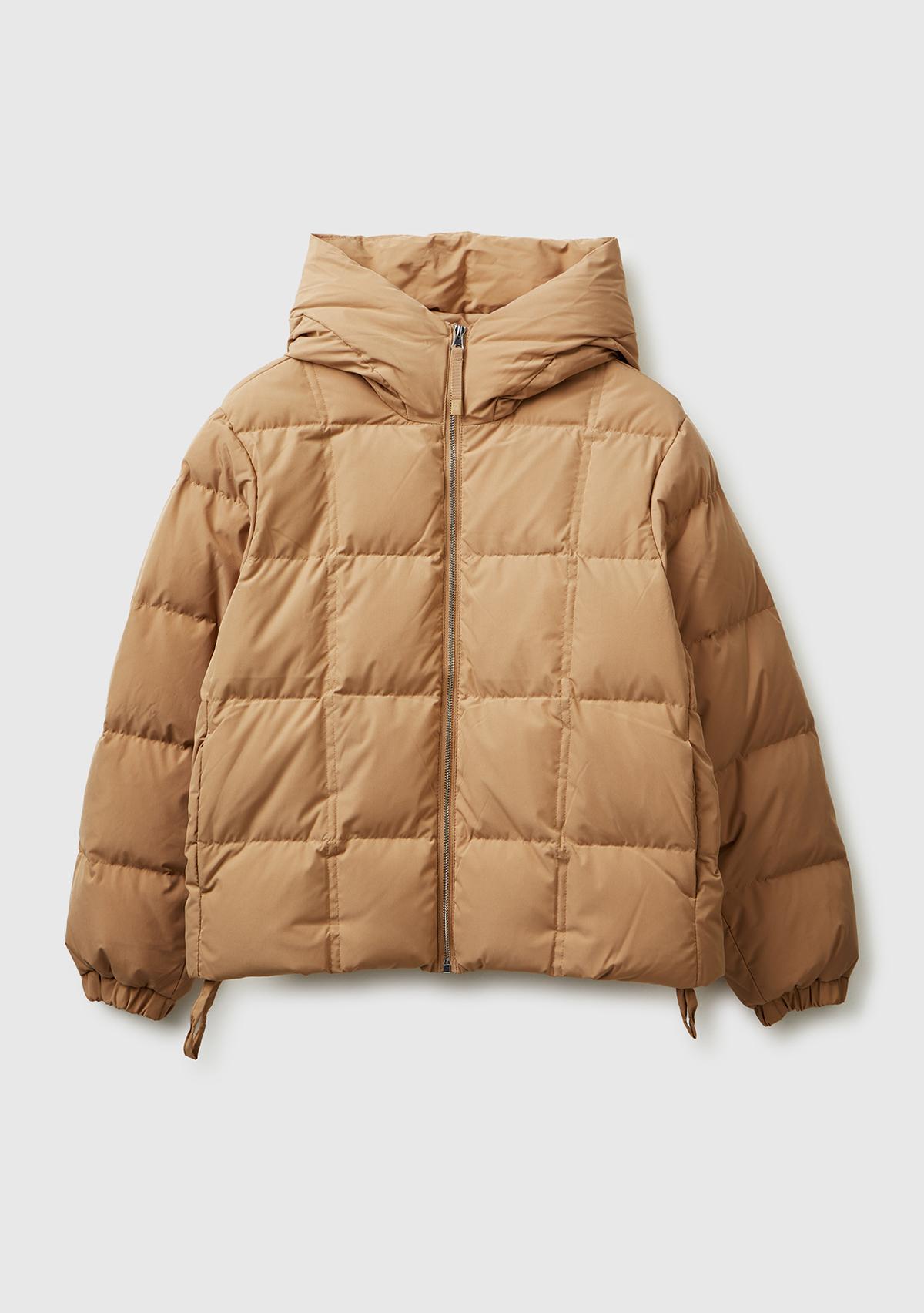 Kadın Açık Kahverengi Kuş Tüyü Kapüşonlu Fermuarlı Kolu Lastikli Şişme Mont