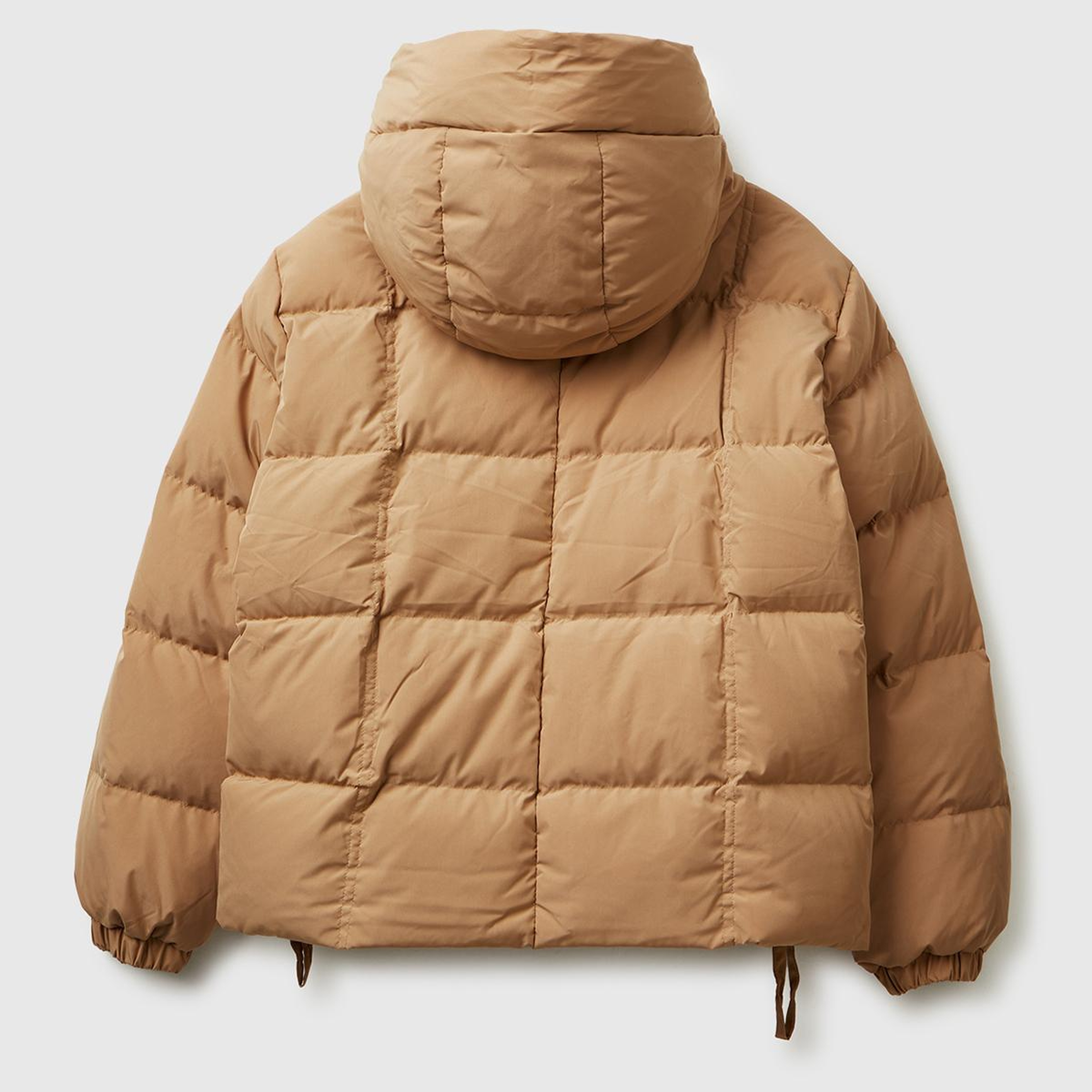 Kadın Açık Kahverengi Kuş Tüyü Kapüşonlu Fermuarlı Kolu Lastikli Şişme Mont