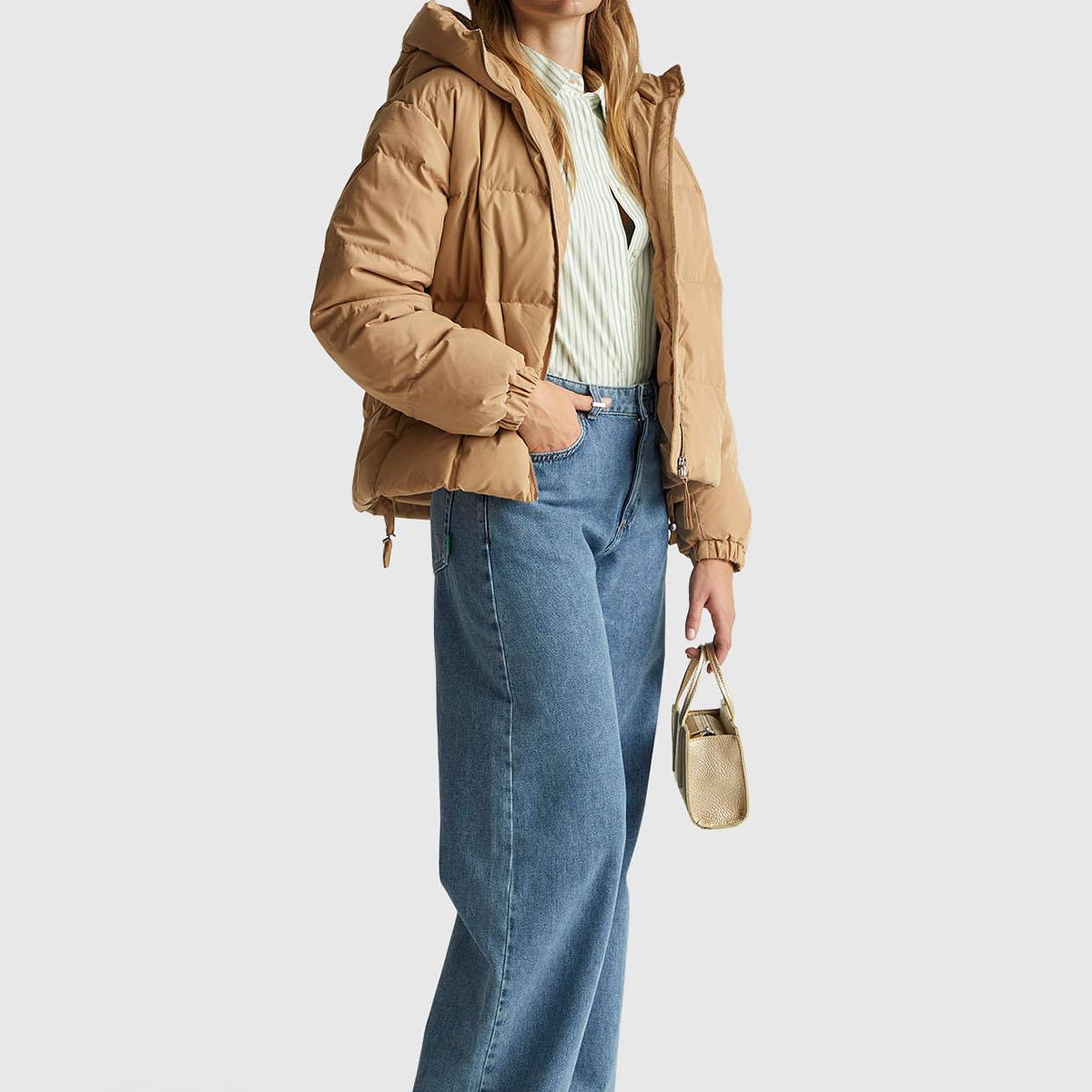 Kadın Açık Kahverengi Kuş Tüyü Kapüşonlu Fermuarlı Kolu Lastikli Şişme Mont