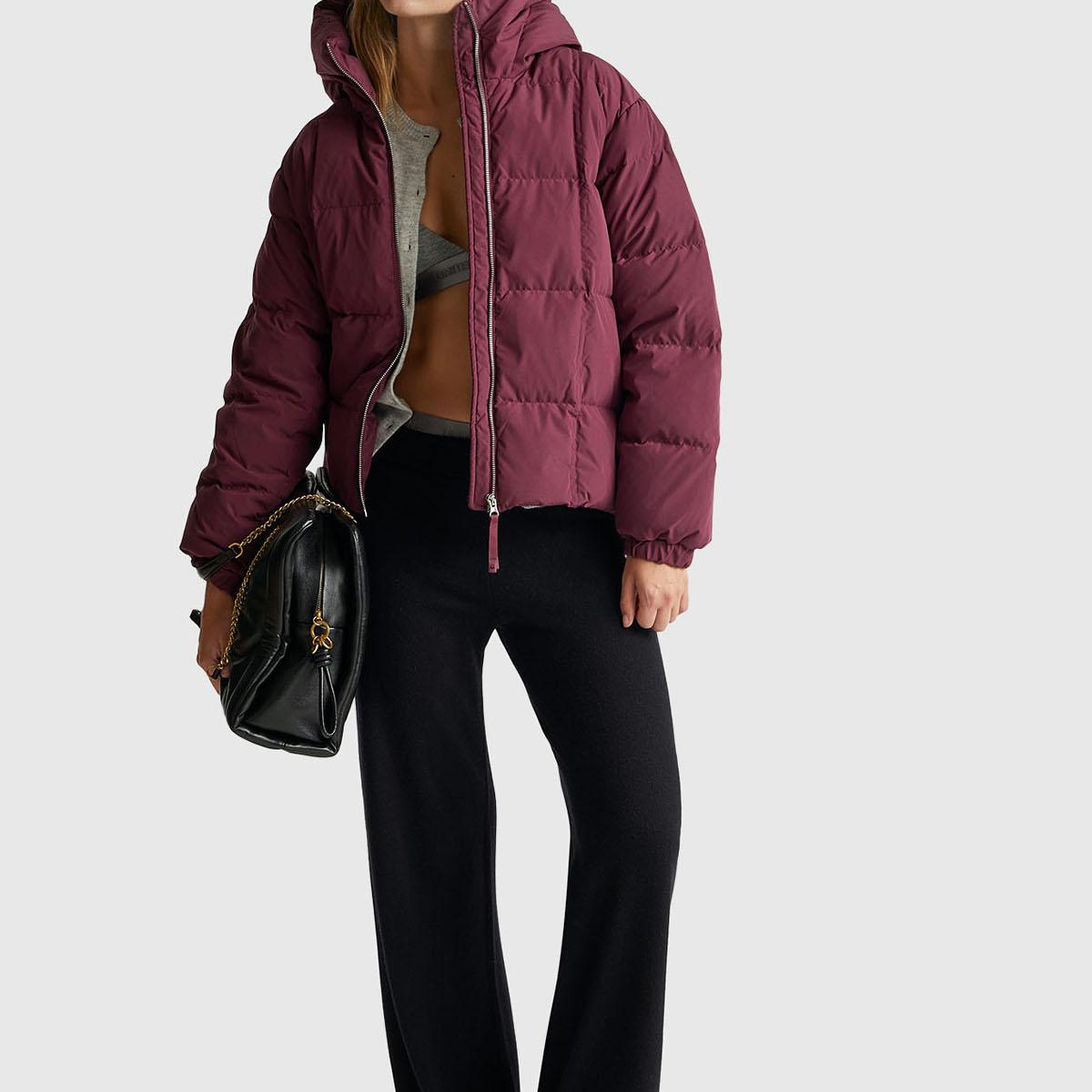 Kadın Mürdüm Kuş Tüyü Kapüşonlu Fermuarlı Kolu Lastikli Şişme Mont