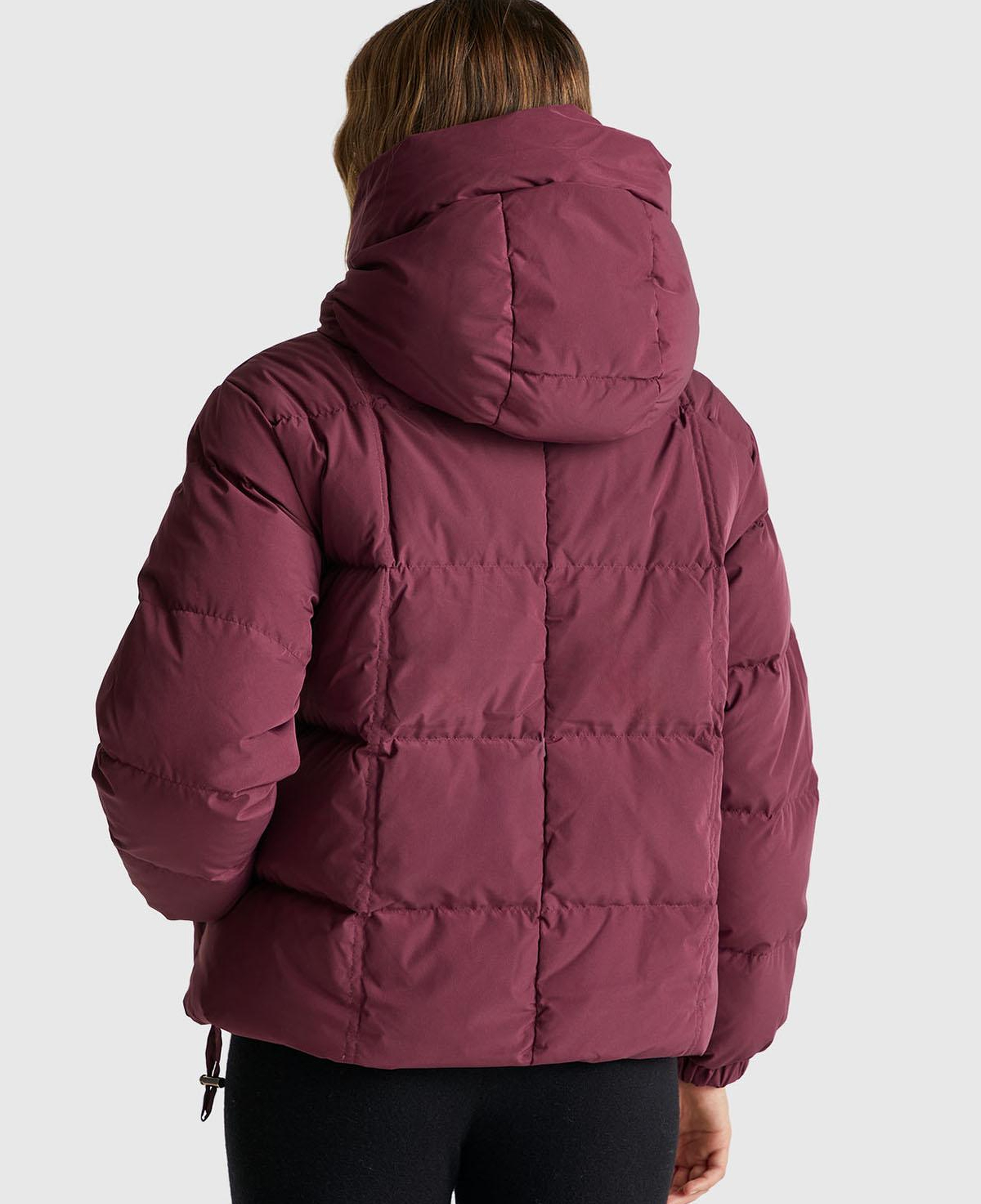 Kadın Mürdüm Kuş Tüyü Kapüşonlu Fermuarlı Kolu Lastikli Şişme Mont