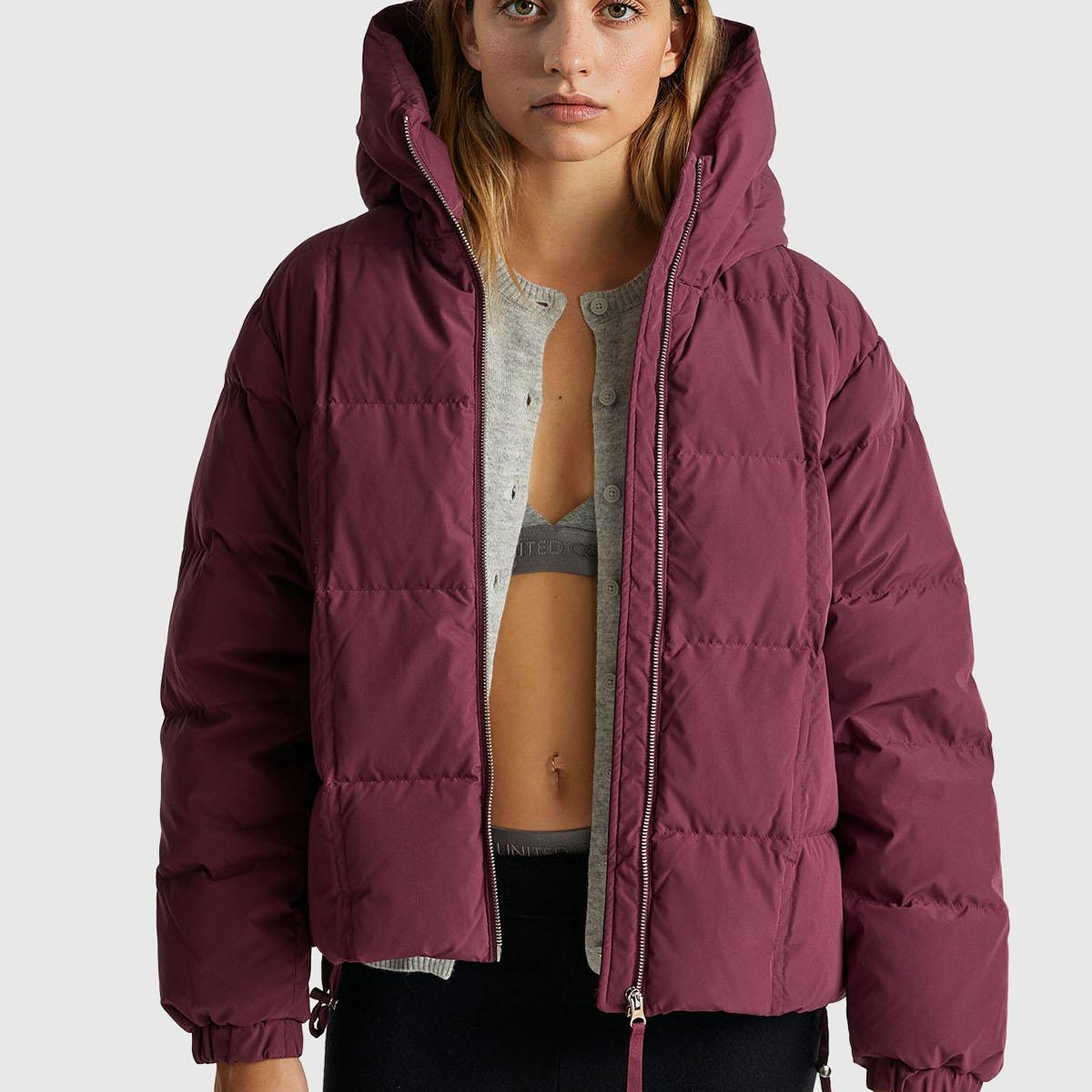 Kadın Mürdüm Kuş Tüyü Kapüşonlu Fermuarlı Kolu Lastikli Şişme Mont