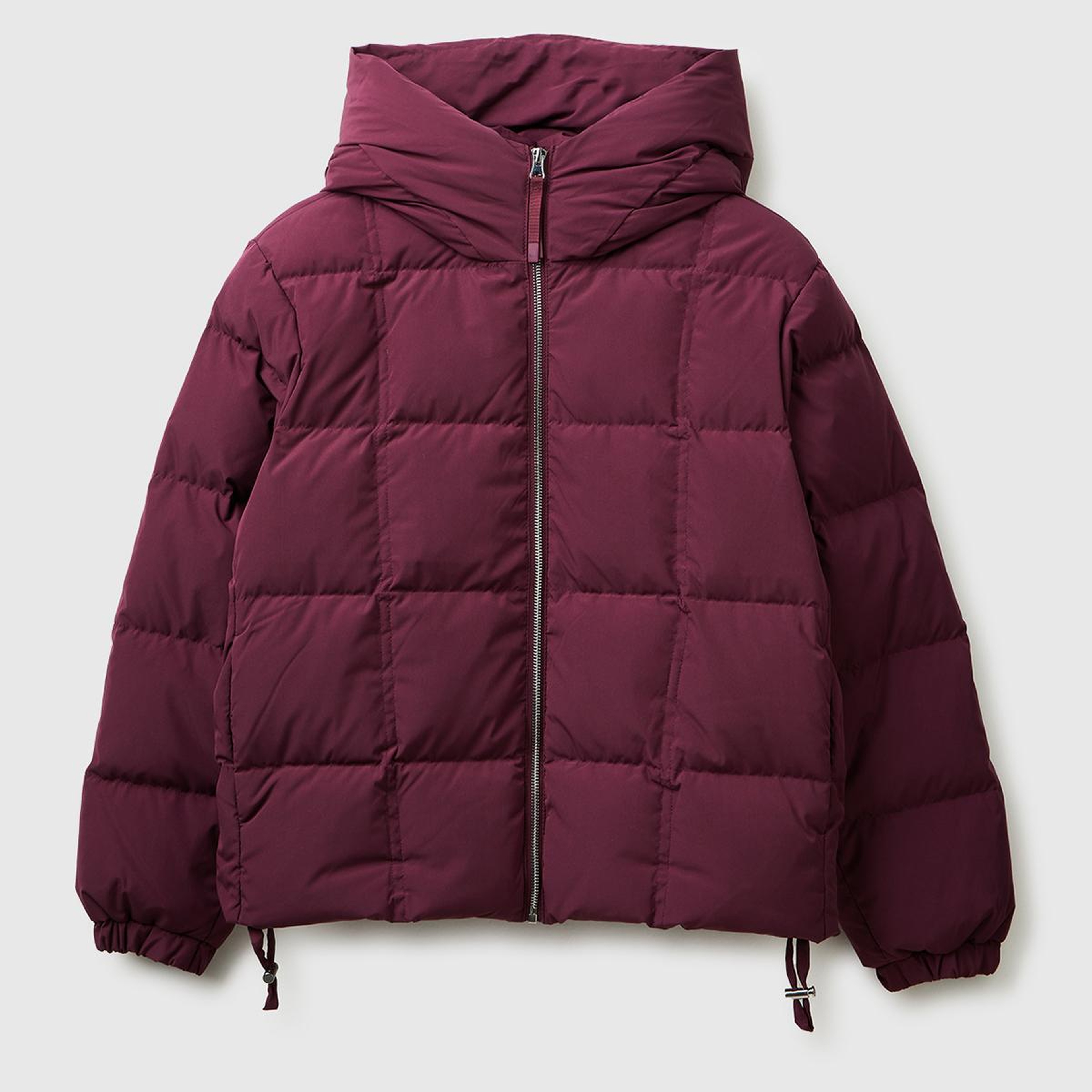 Kadın Mürdüm Kuş Tüyü Kapüşonlu Fermuarlı Kolu Lastikli Şişme Mont