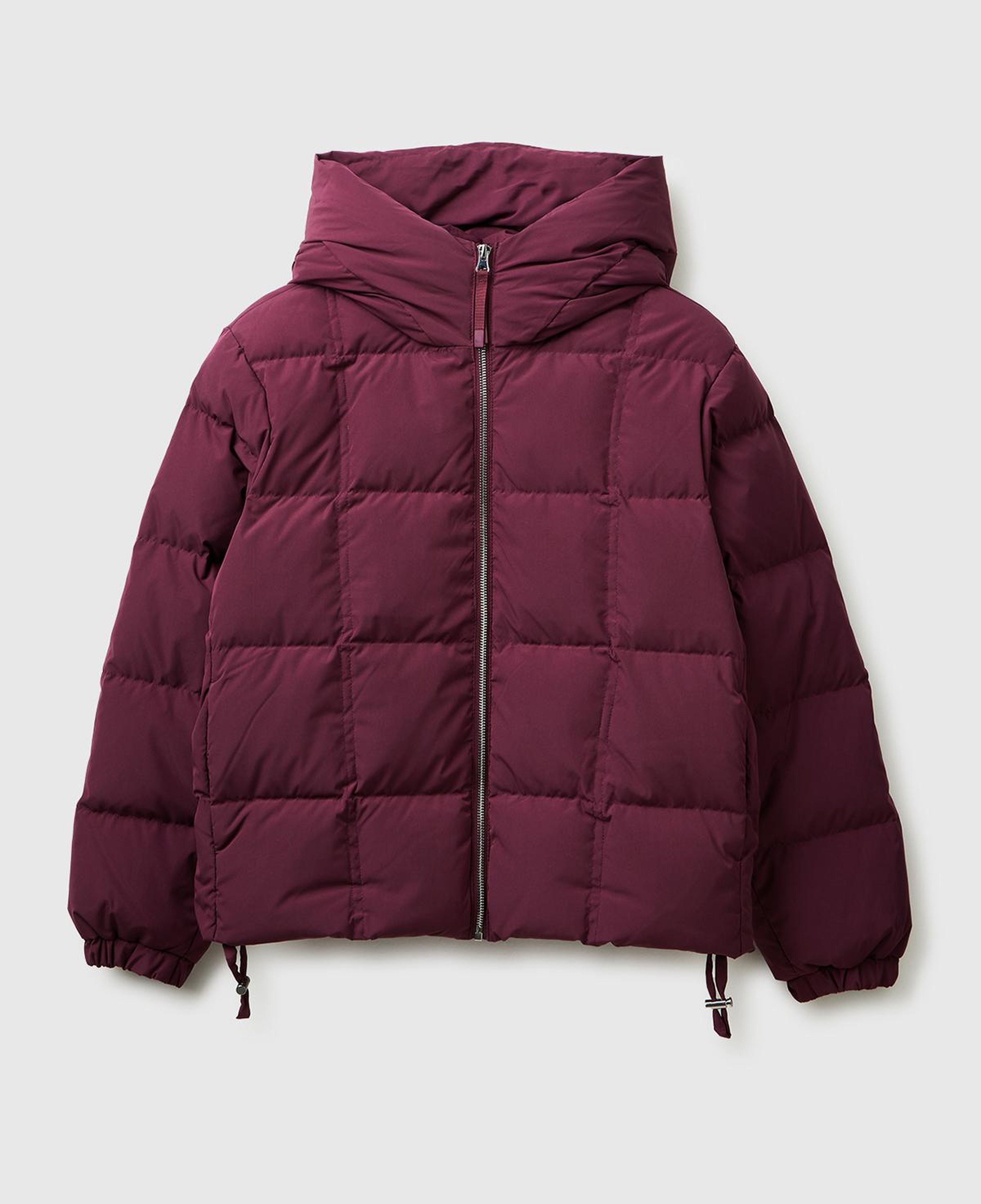 Kadın Mürdüm Kuş Tüyü Kapüşonlu Fermuarlı Kolu Lastikli Şişme Mont