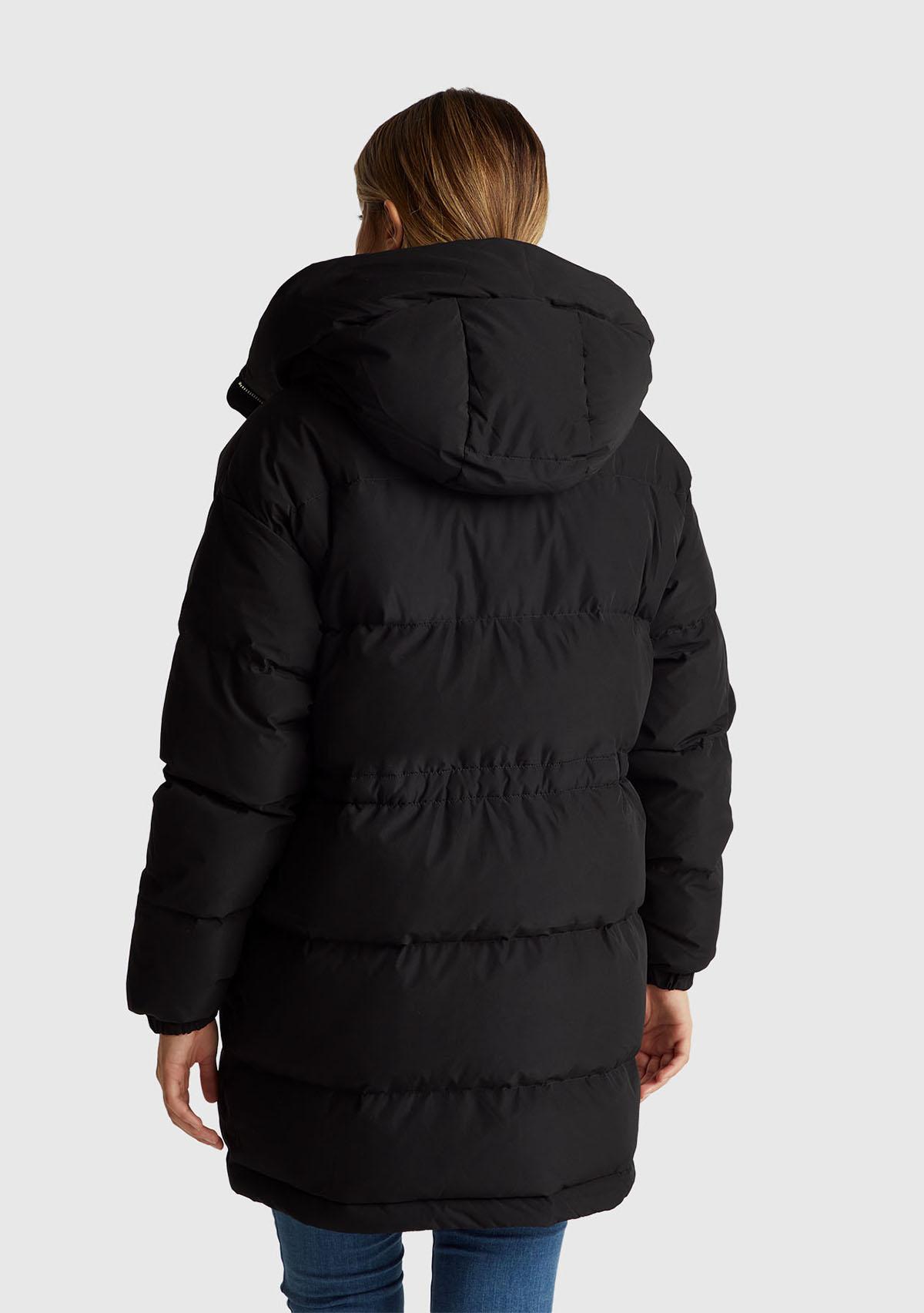 Kadın Siyah Kuş Tüyü Beli Bağcıklı Kapüşonlu Uzun Şişme Mont